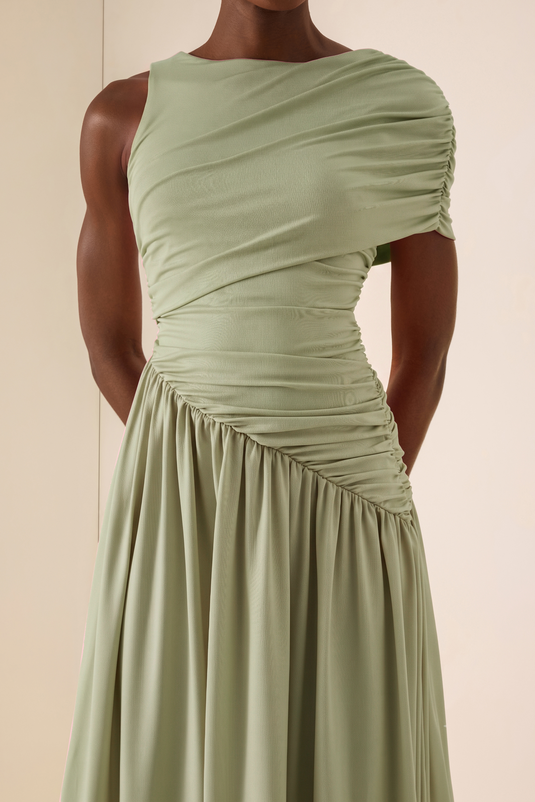 Solid Ruched Asymmetric Maxi Dress