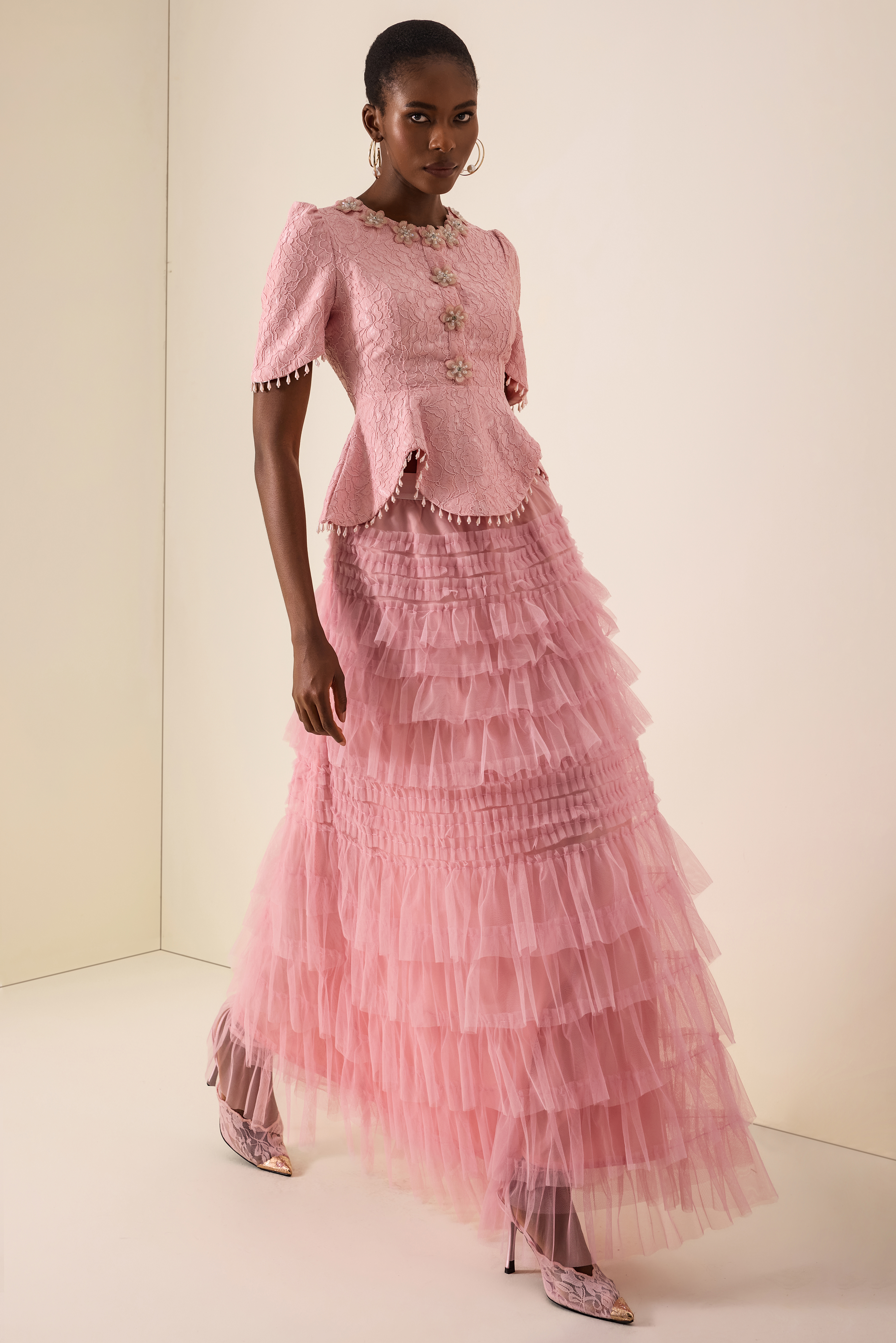 3D Flower Beaded Round Neck Top & Midi Skirt Set