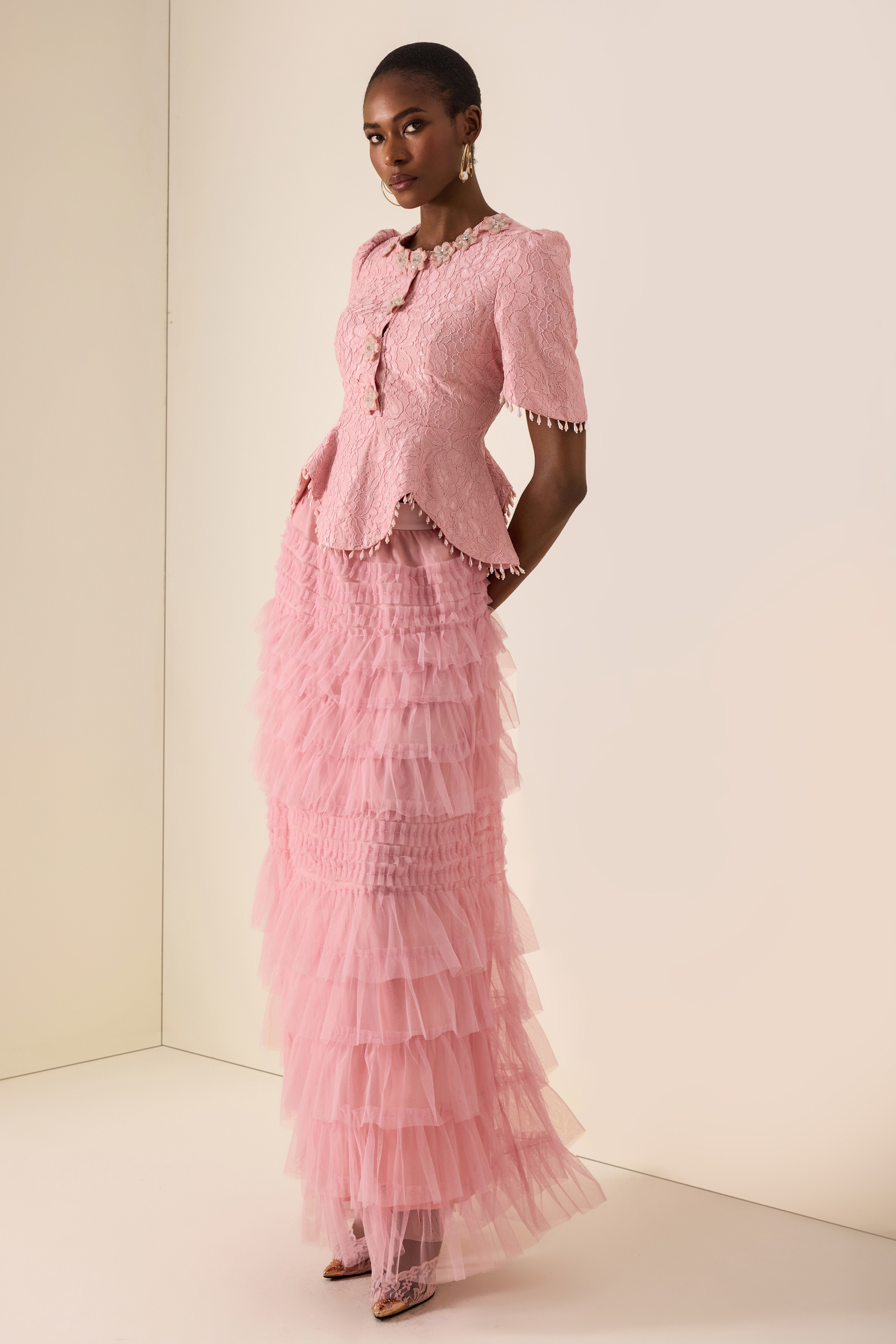 3D Flower Beaded Round Neck Top & Midi Skirt Set