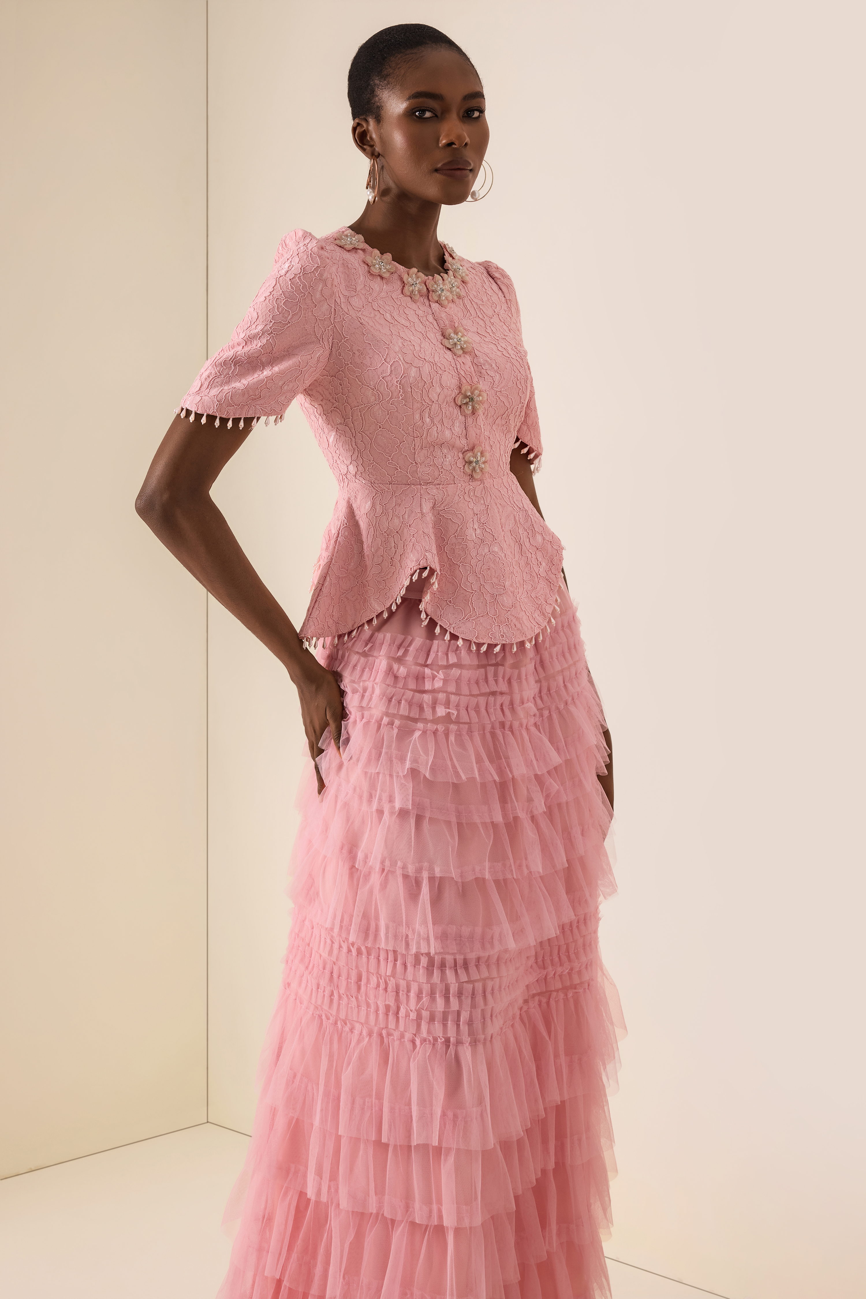 3D Flower Beaded Round Neck Top & Midi Skirt Set