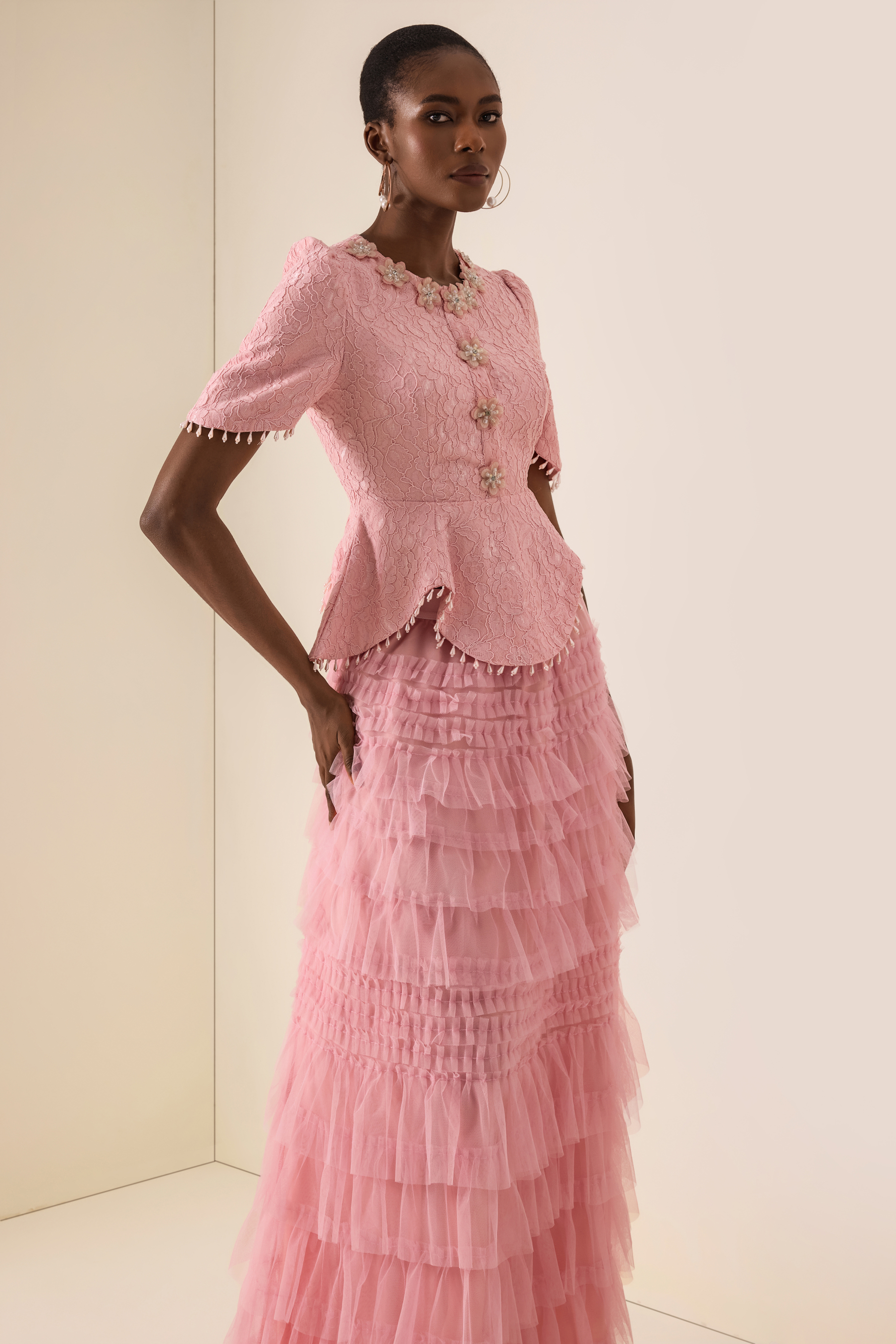 3D Flower Beaded Round Neck Top & Midi Skirt Set