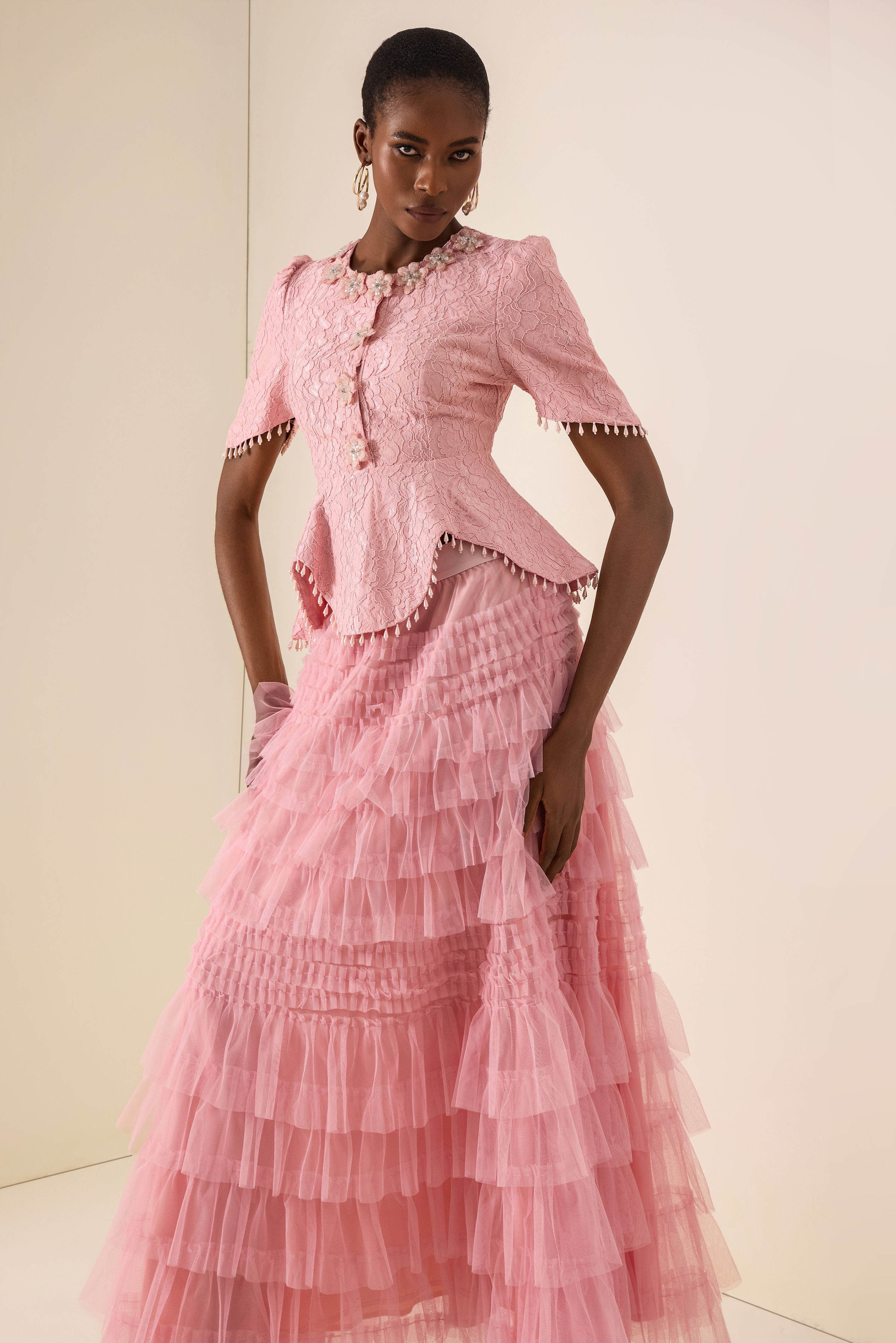 3D Flower Beaded Round Neck Top & Midi Skirt Set