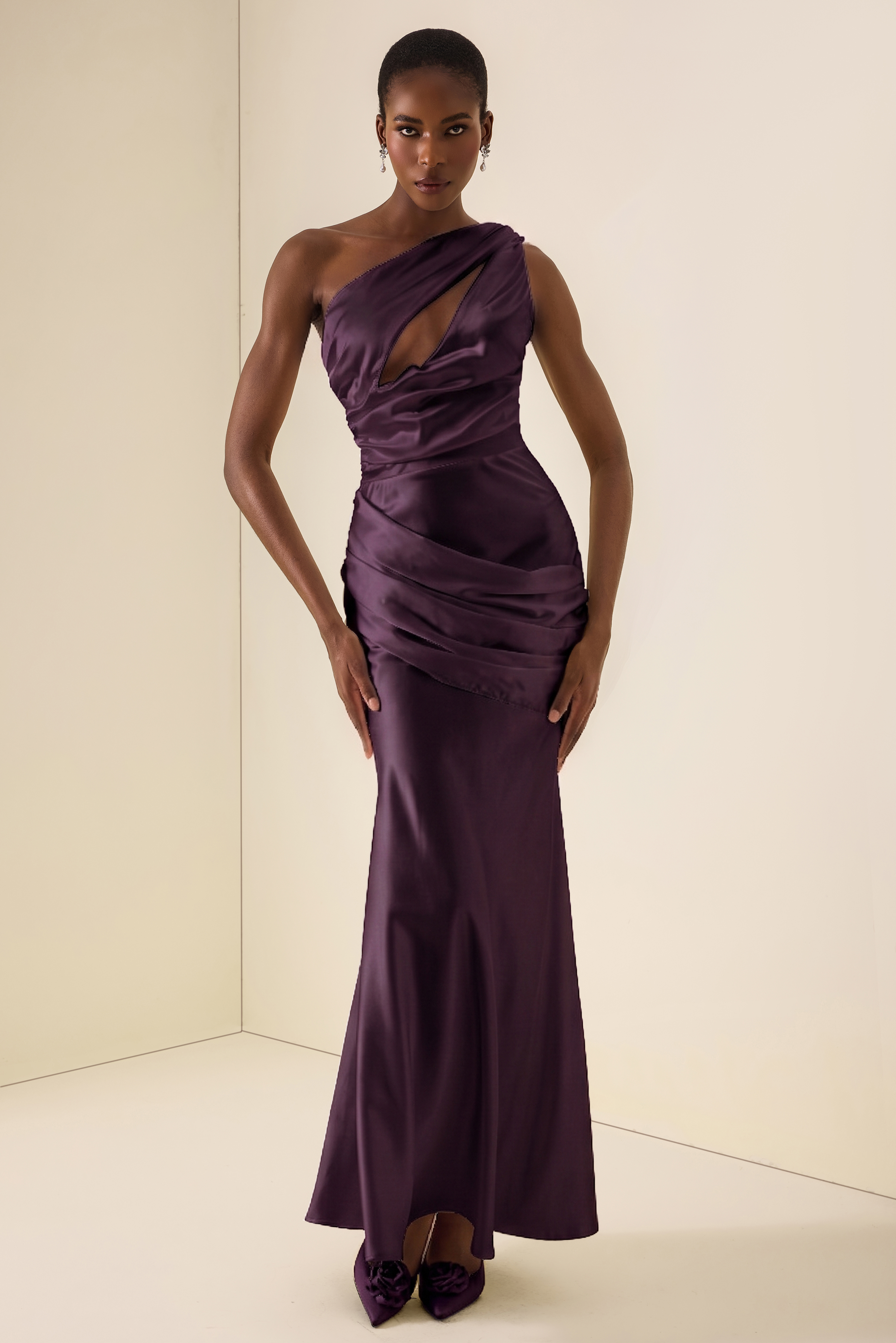 One Shoulder Cut-Out Pleated Maxi Dress