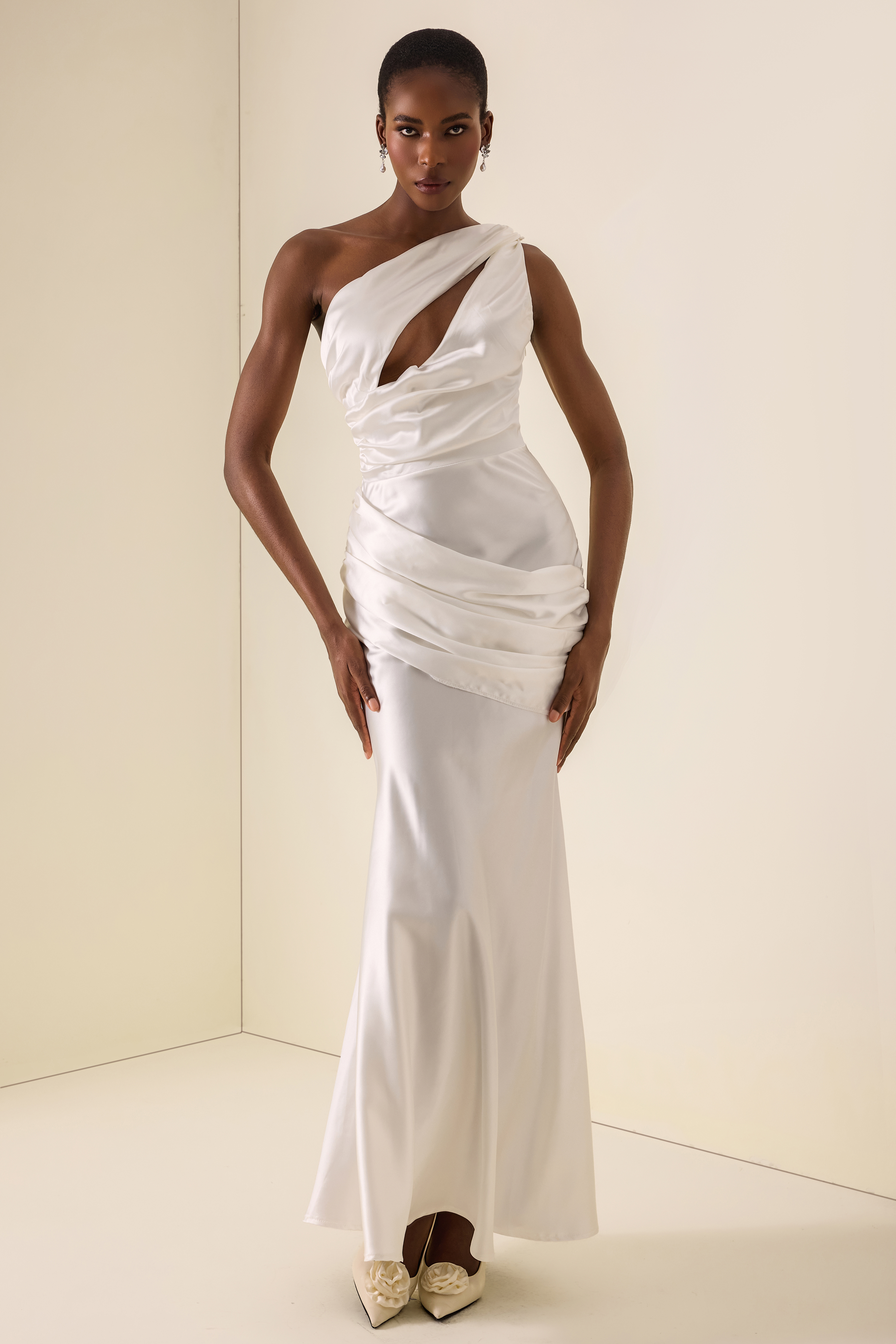 One Shoulder Cut-Out Pleated Maxi Dress