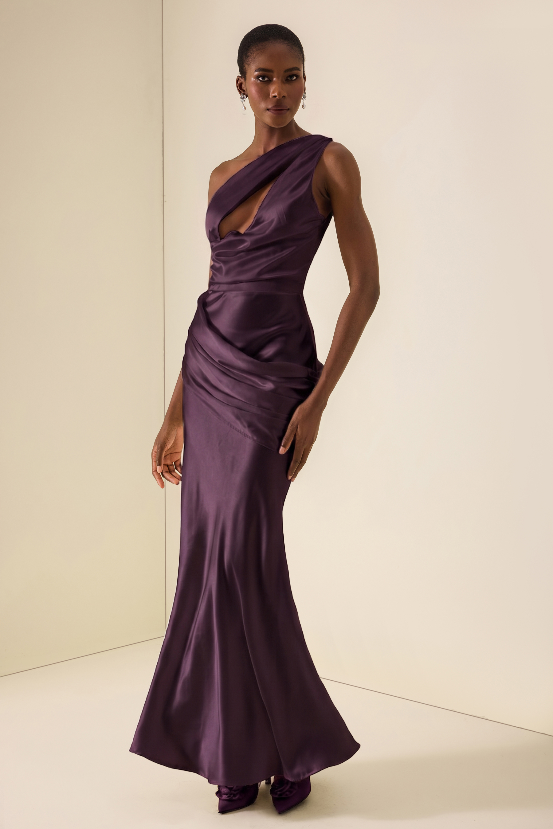 One Shoulder Cut-Out Pleated Maxi Dress
