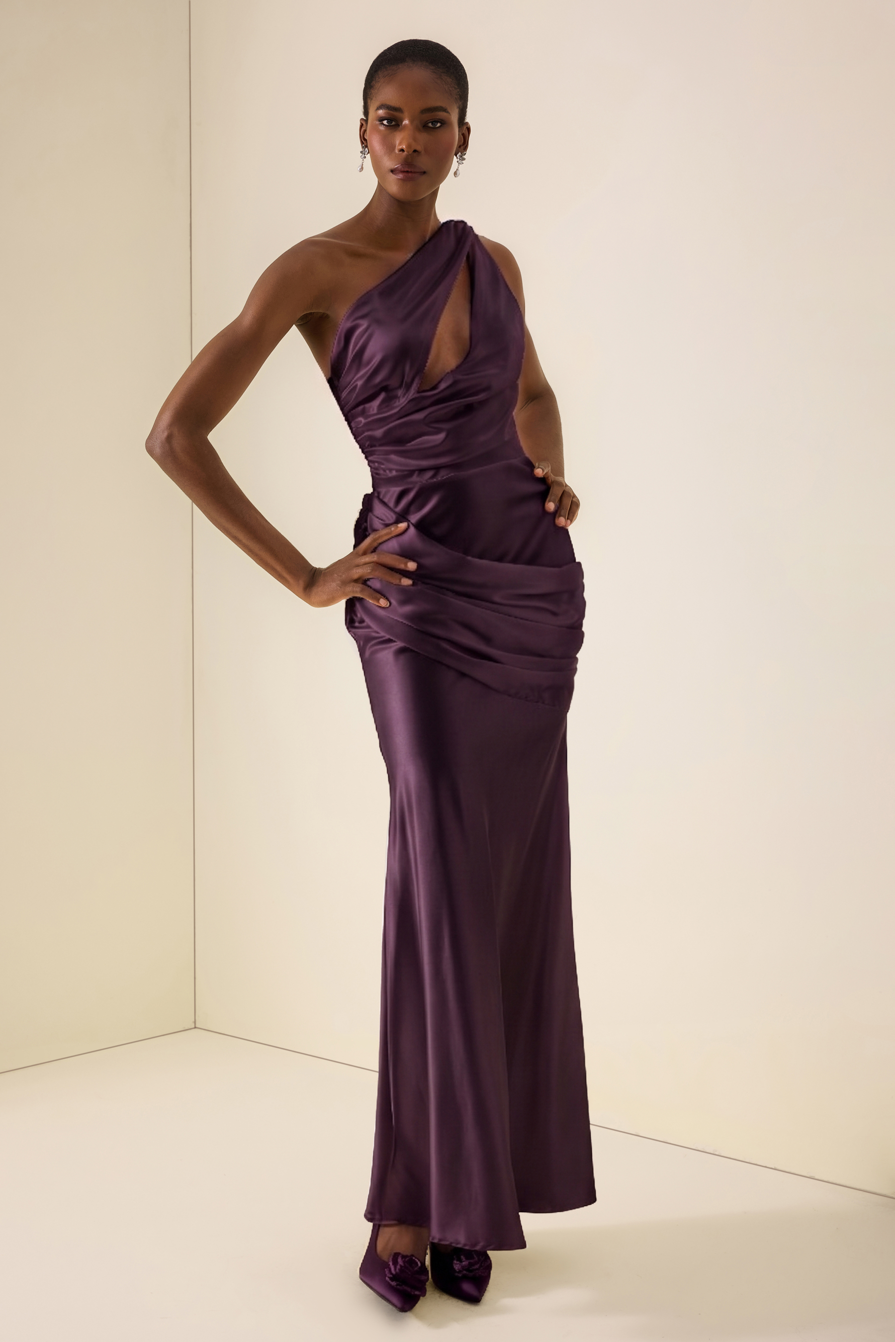 One Shoulder Cut-Out Pleated Maxi Dress