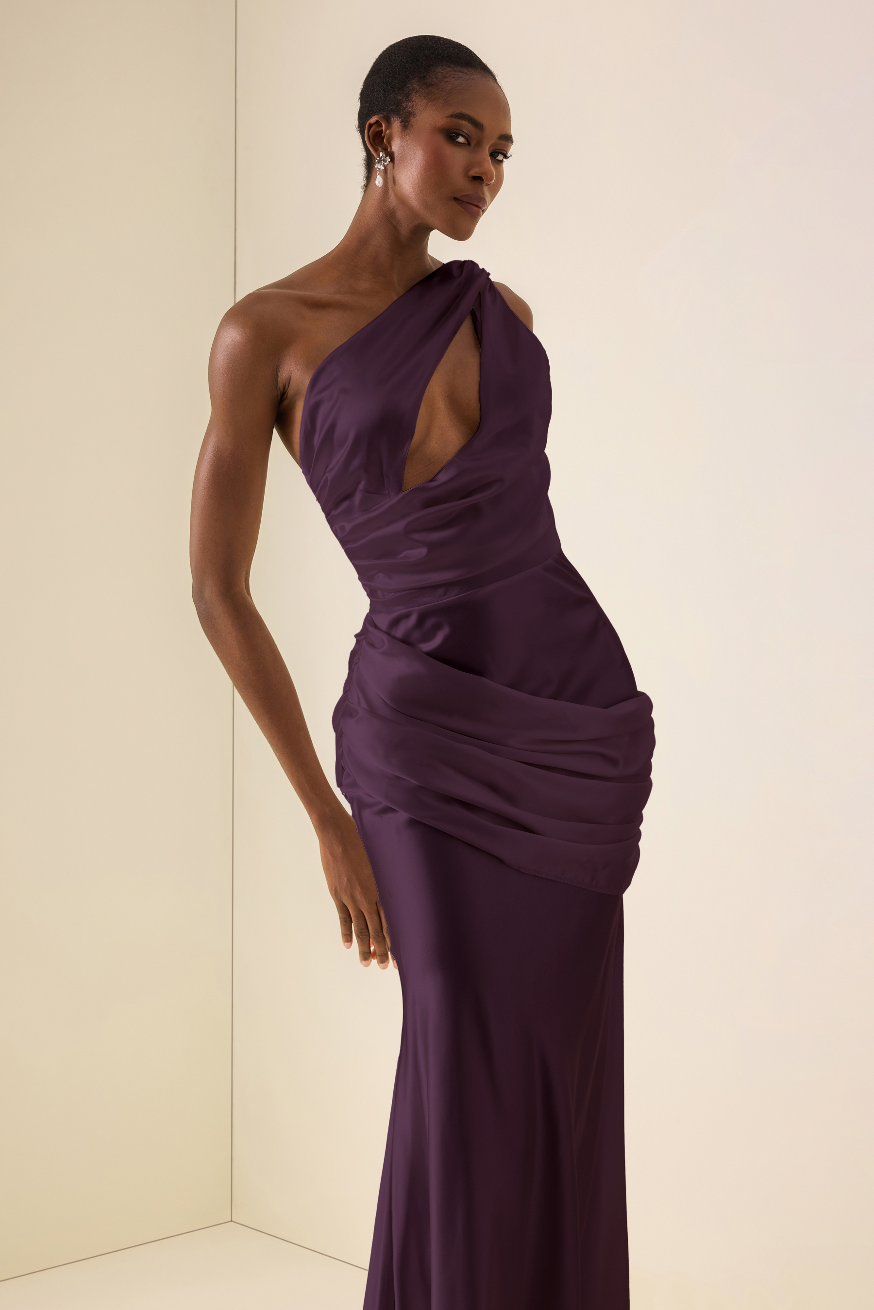 One Shoulder Cut-Out Pleated Maxi Dress