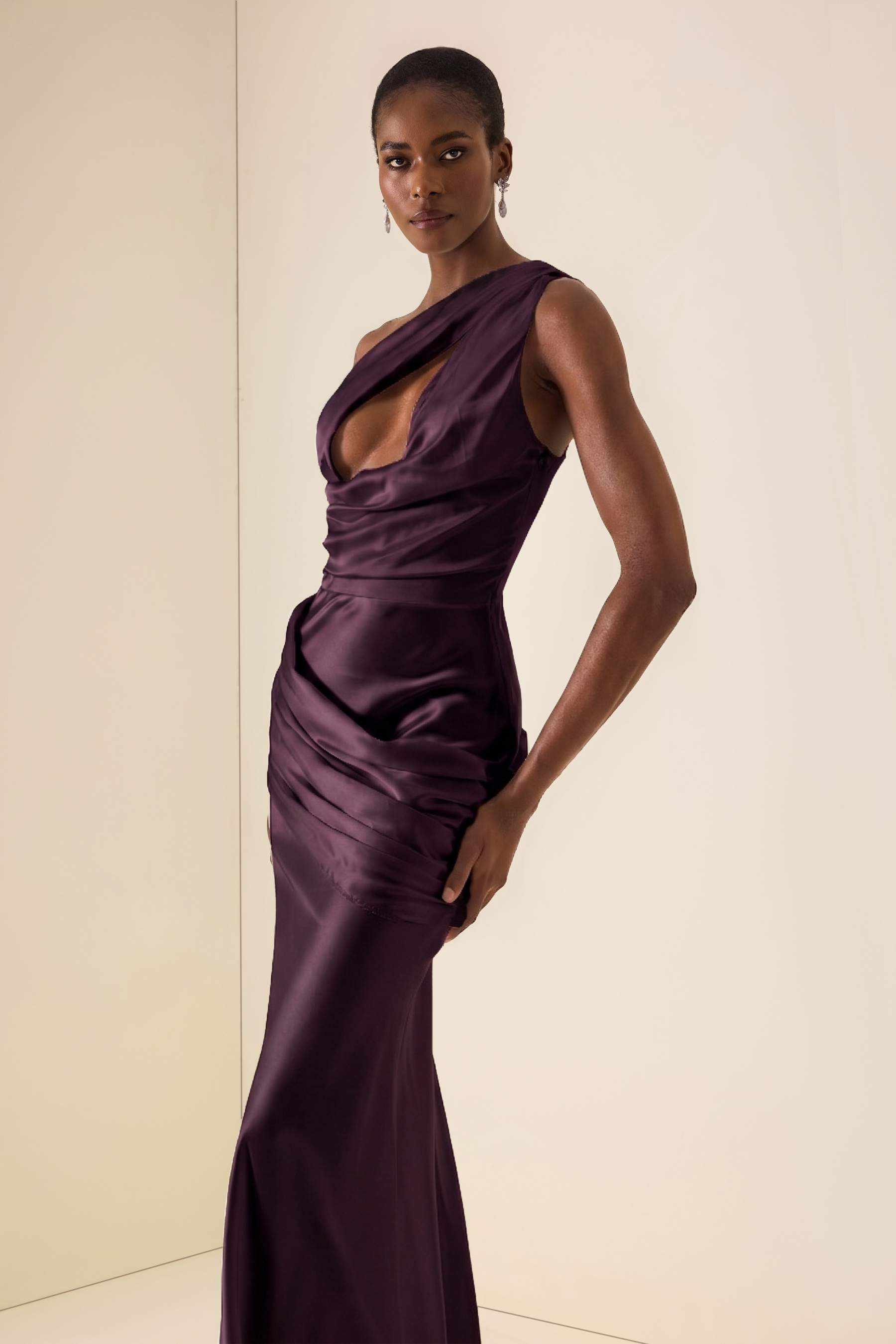 One Shoulder Cut-Out Pleated Maxi Dress