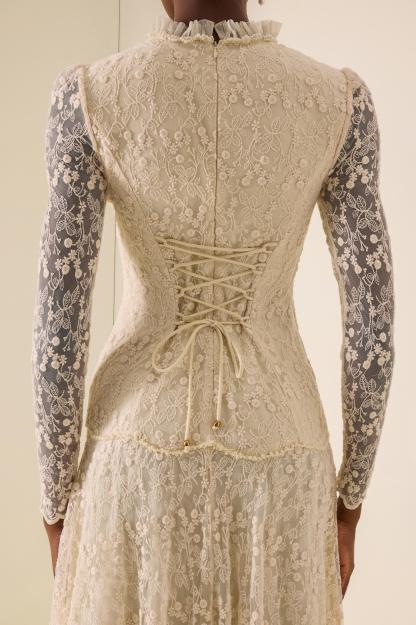 Lace Nail Bead Embroidery Stand Collar Midi Dress