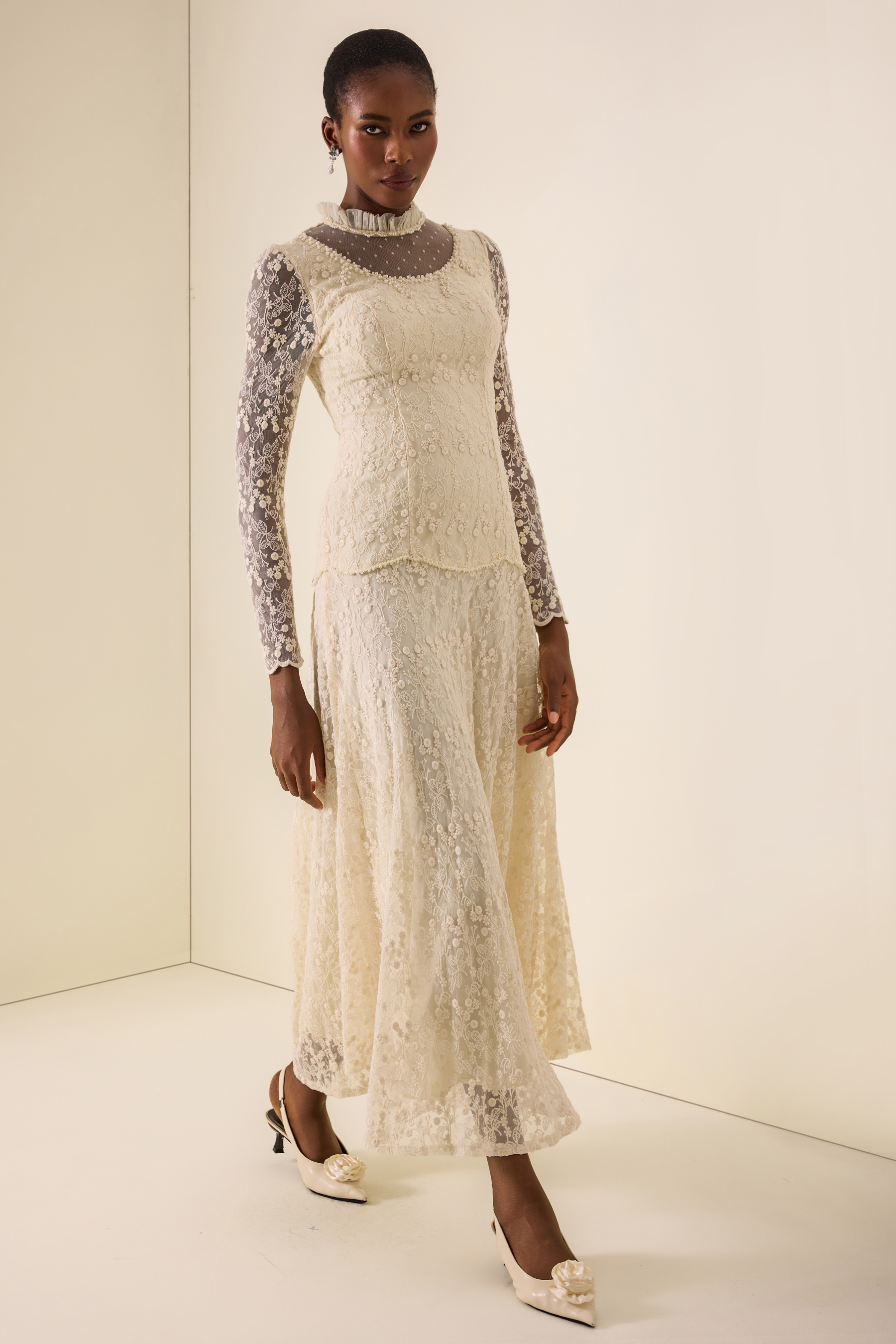 Lace Nail Bead Embroidery Stand Collar Midi Dress