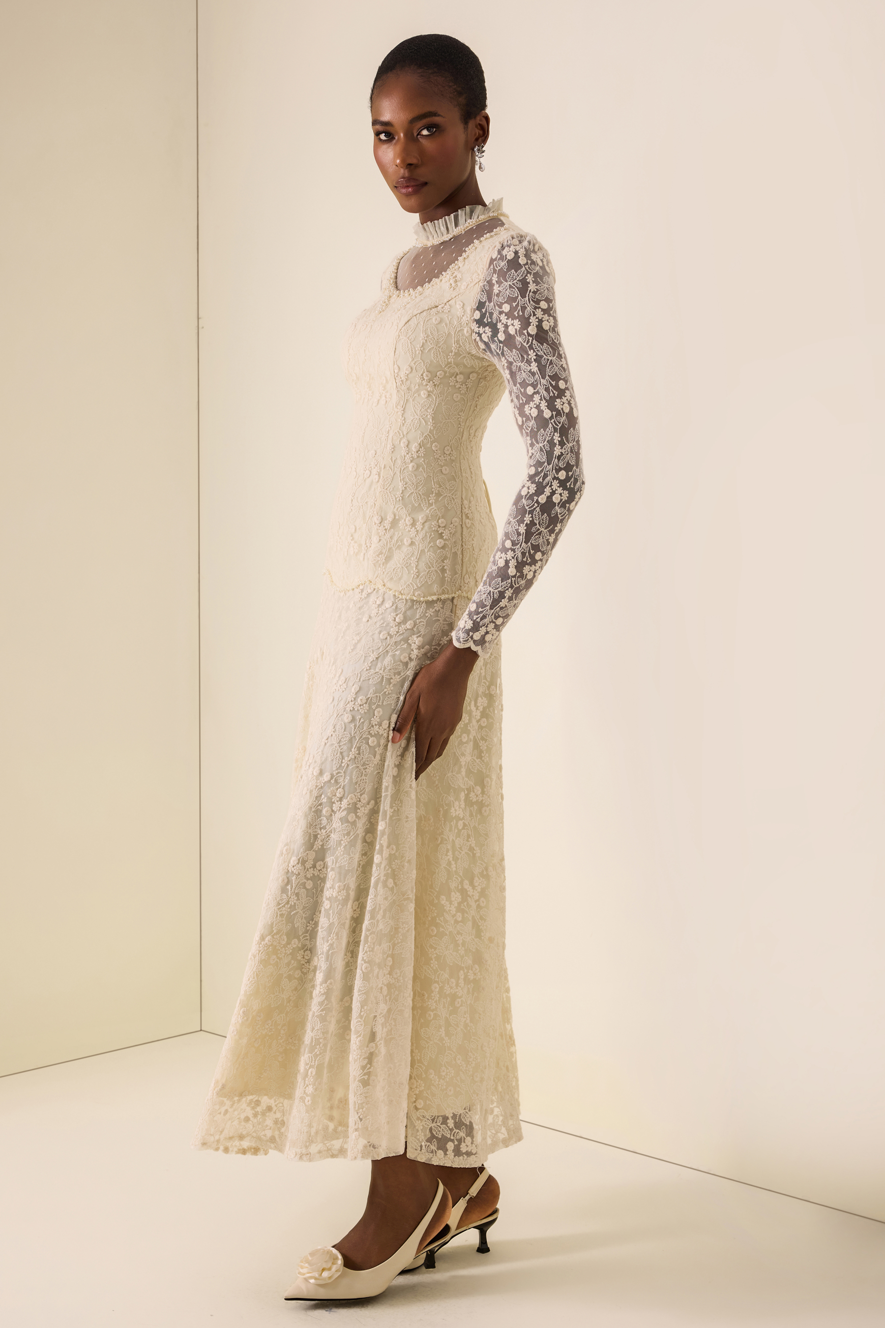 Lace Nail Bead Embroidery Stand Collar Midi Dress