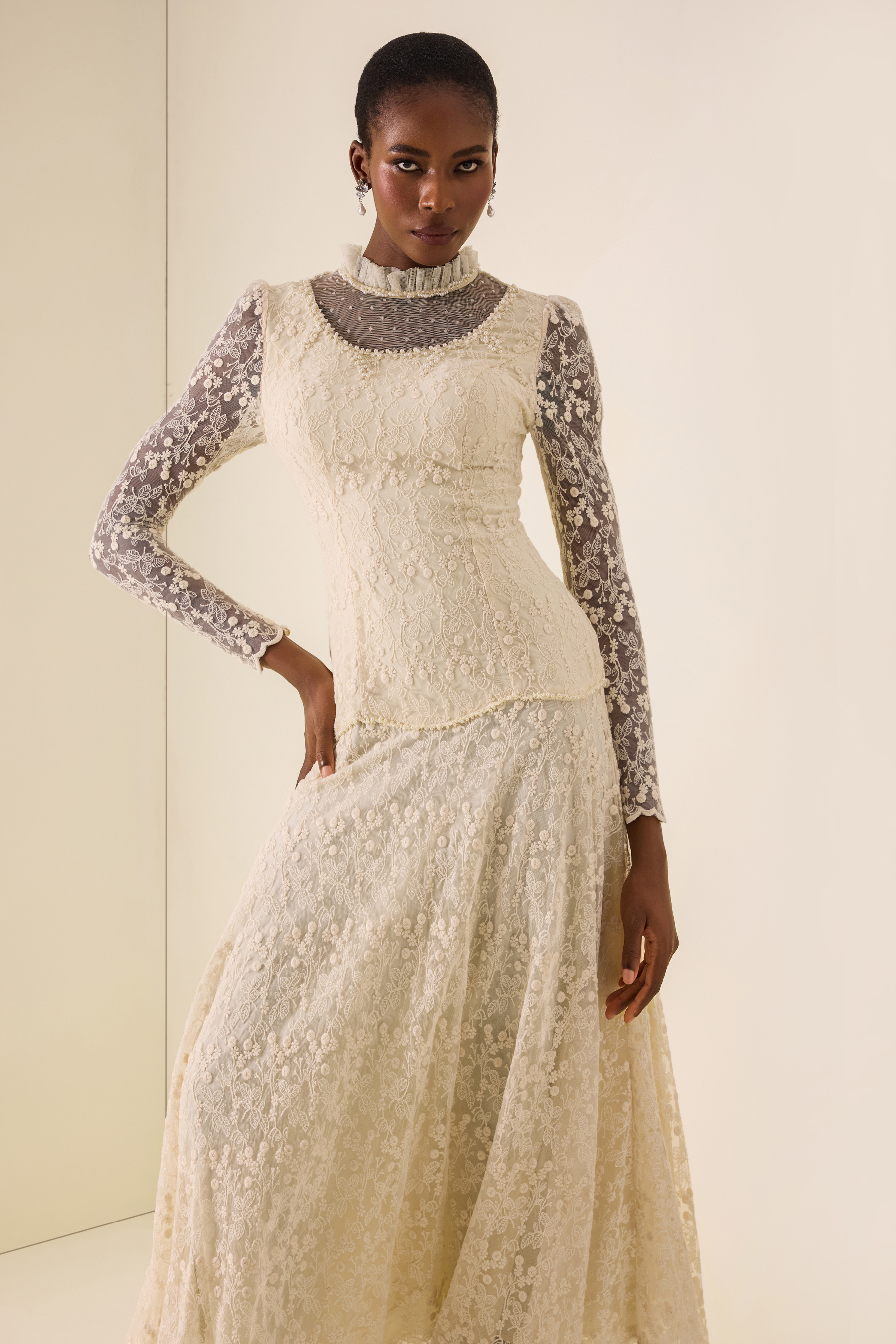Lace Nail Bead Embroidery Stand Collar Midi Dress