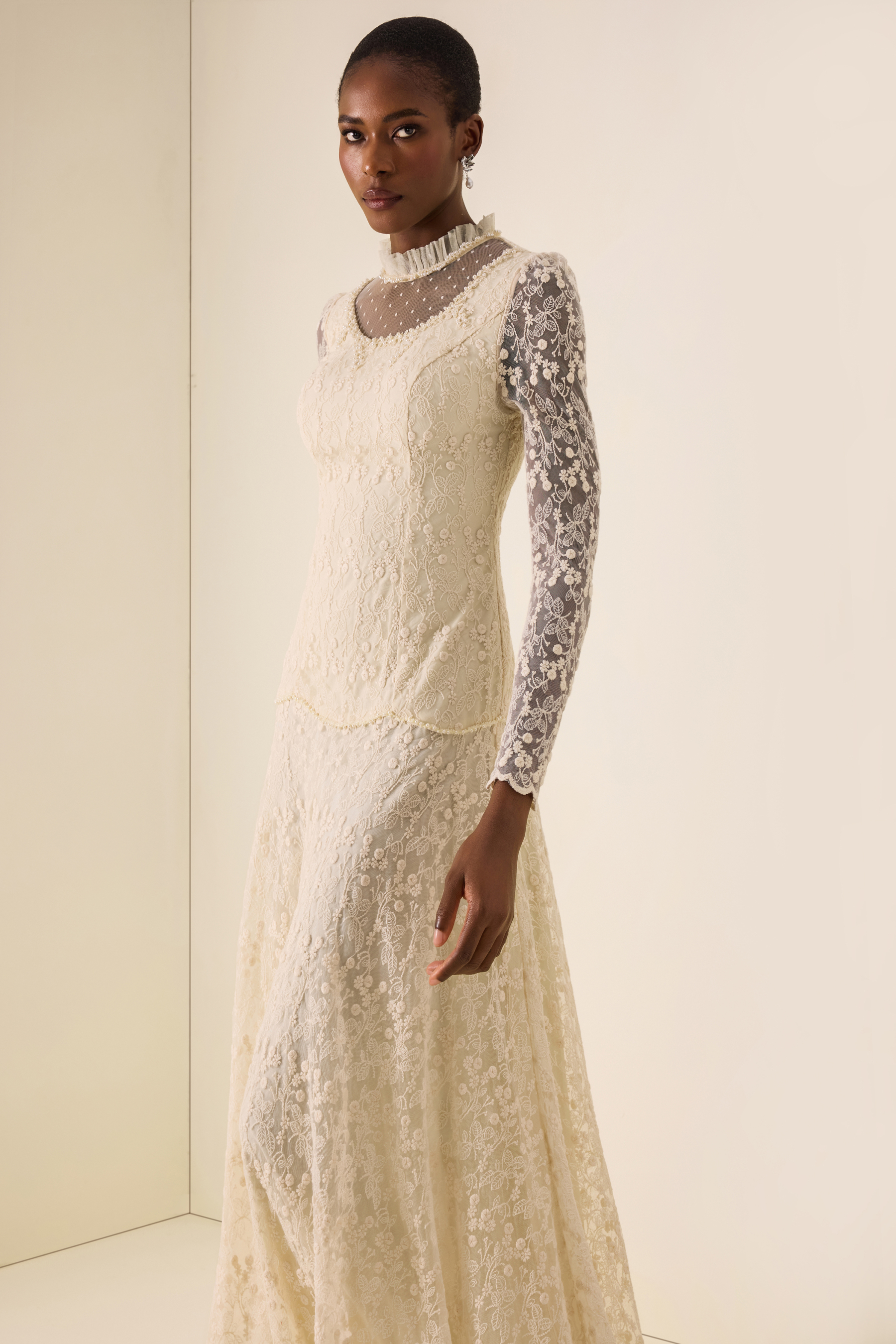 Lace Nail Bead Embroidery Stand Collar Midi Dress