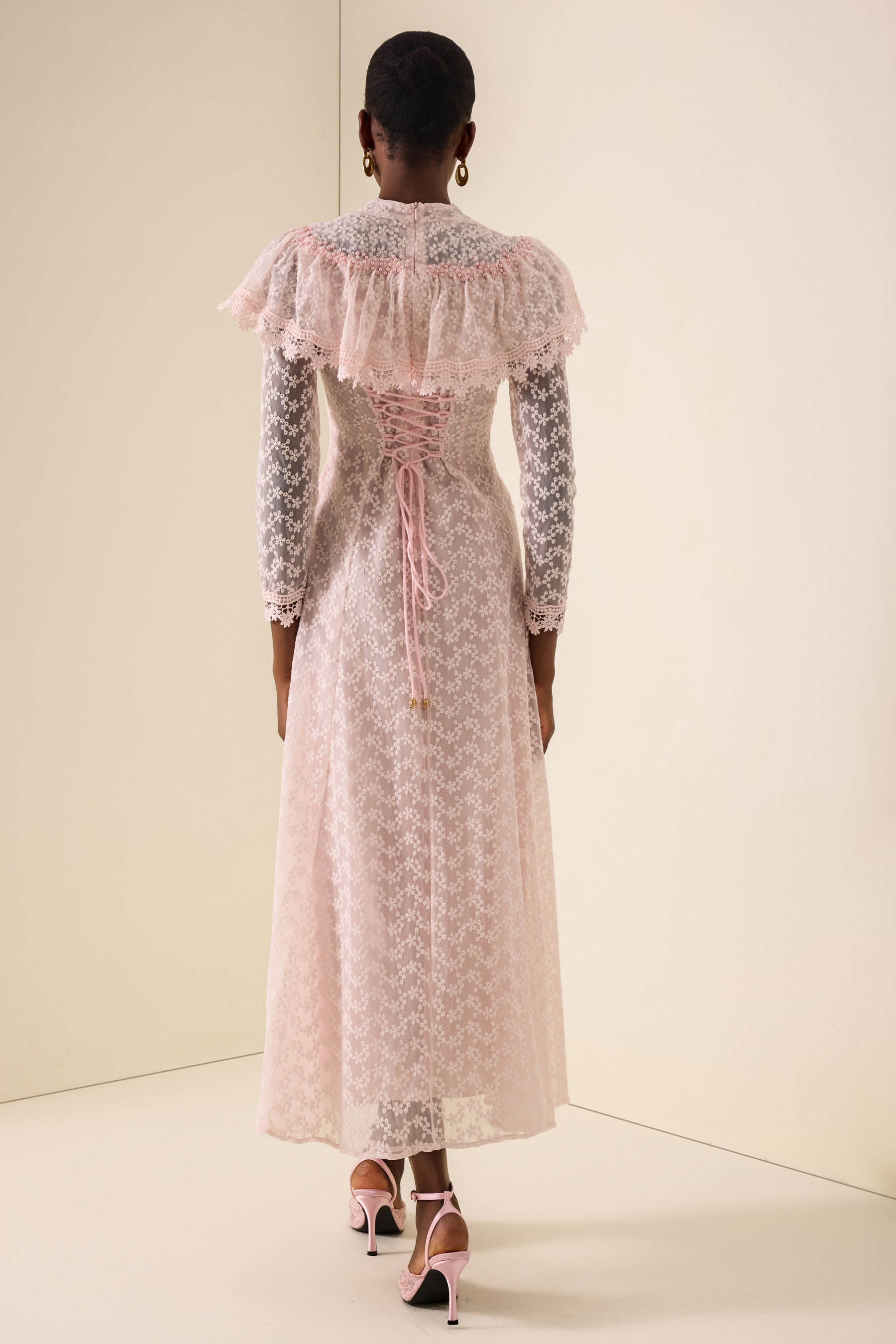 Lace Pearl Embellished V-Neck Maxi Dress With Cape