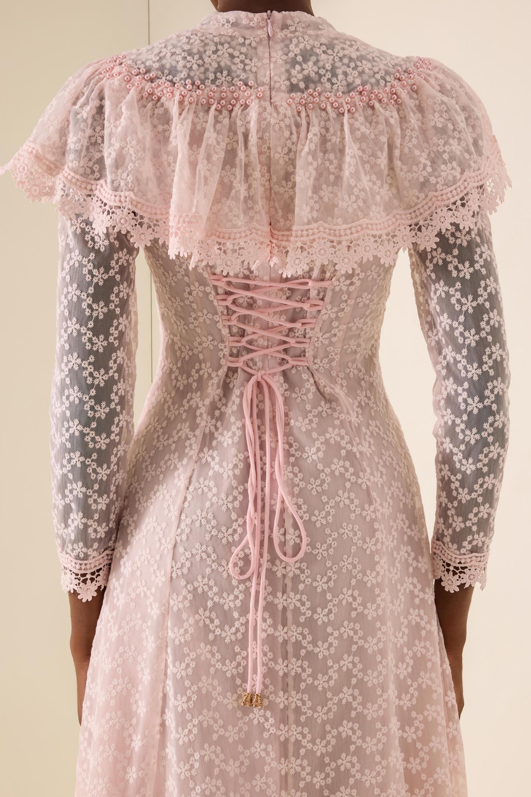Lace Pearl Embellished V-Neck Maxi Dress With Cape