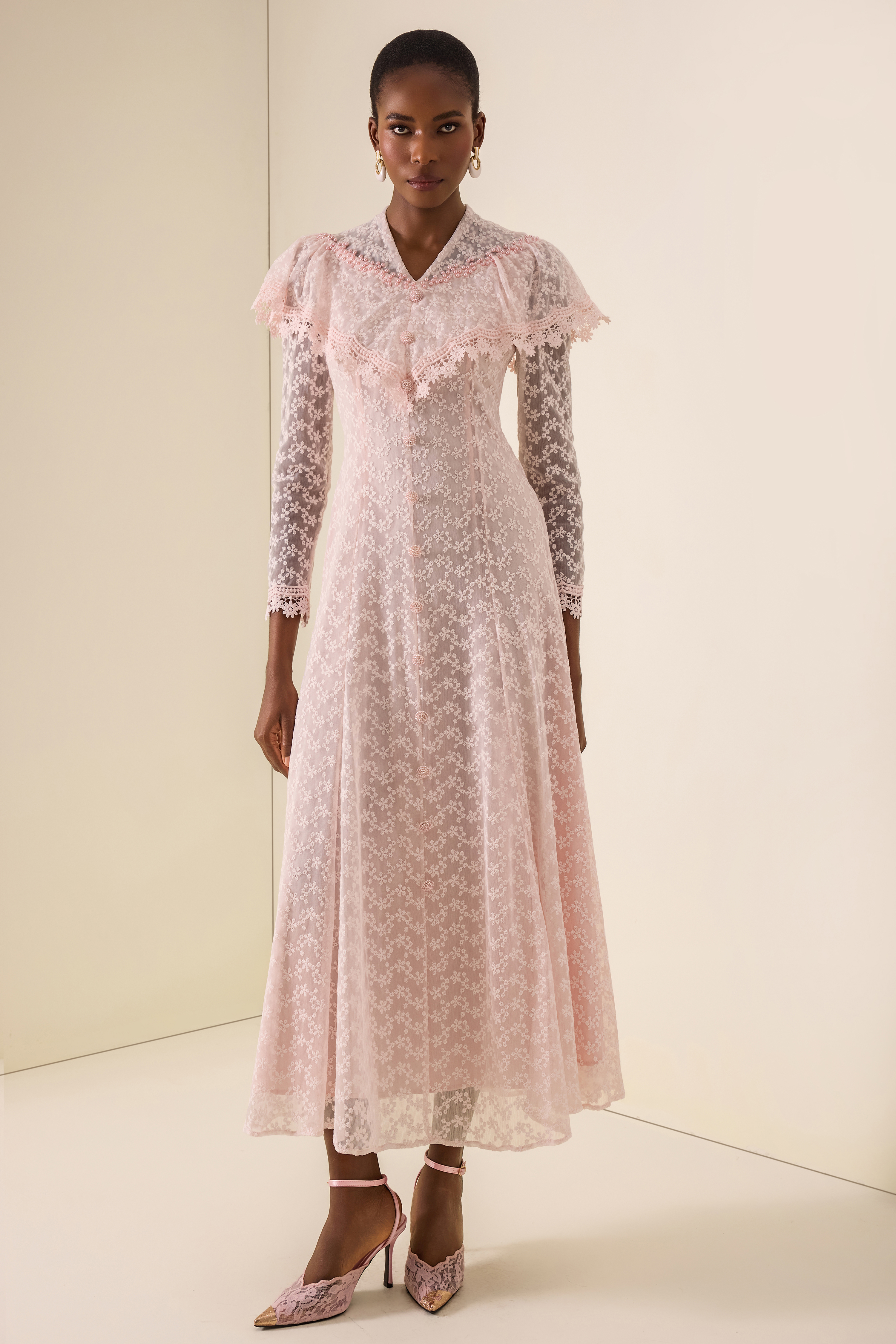 Lace Pearl Embellished V-Neck Maxi Dress With Cape