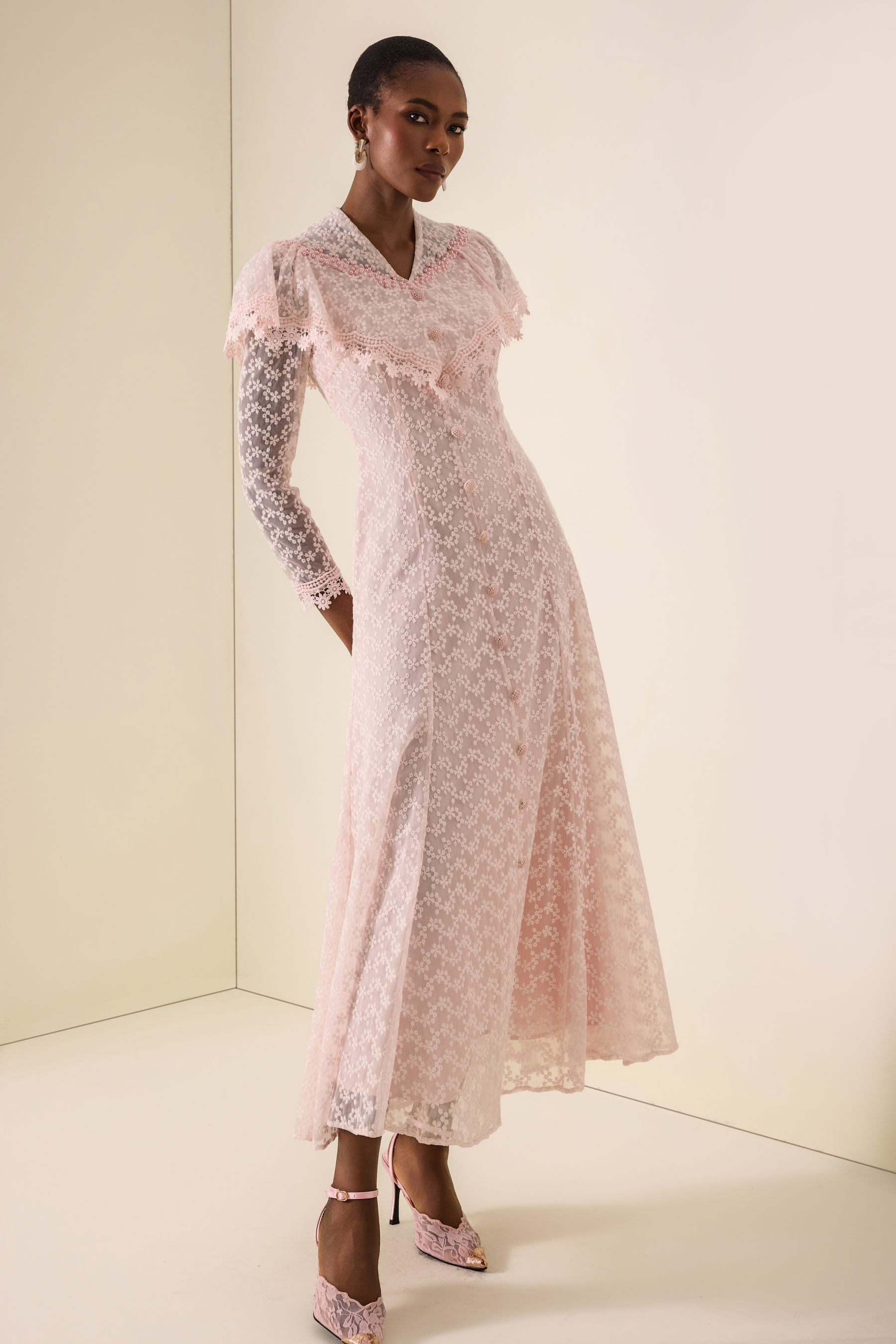 Lace Pearl Embellished V-Neck Maxi Dress With Cape