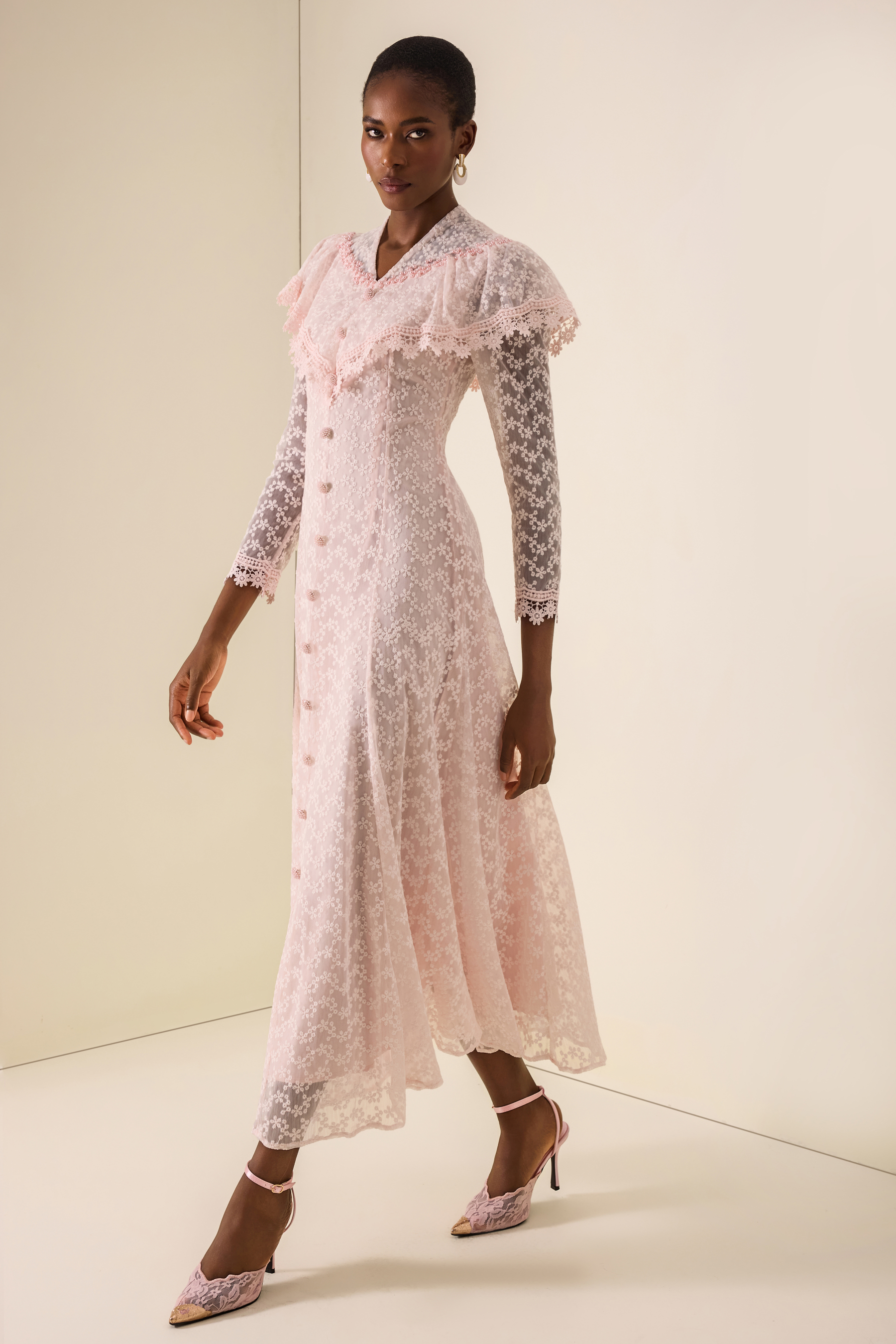 Lace Pearl Embellished V-Neck Maxi Dress With Cape