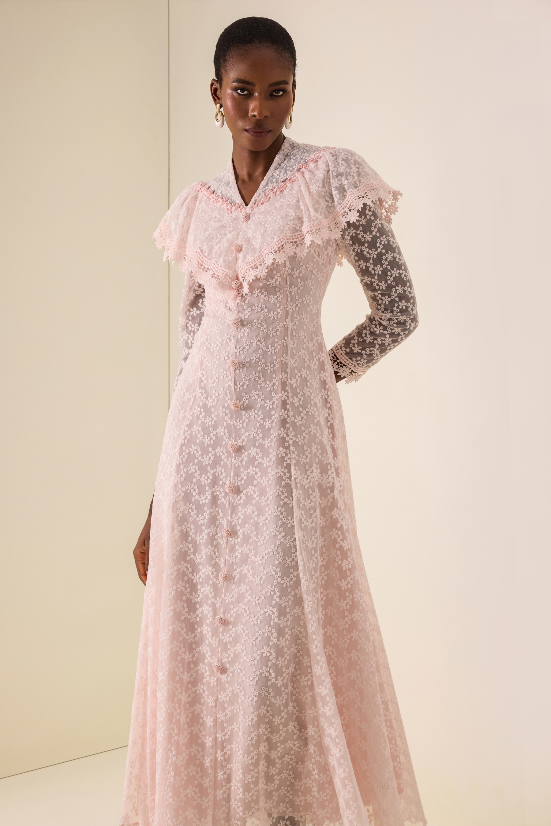 Lace Pearl Embellished V-Neck Maxi Dress With Cape
