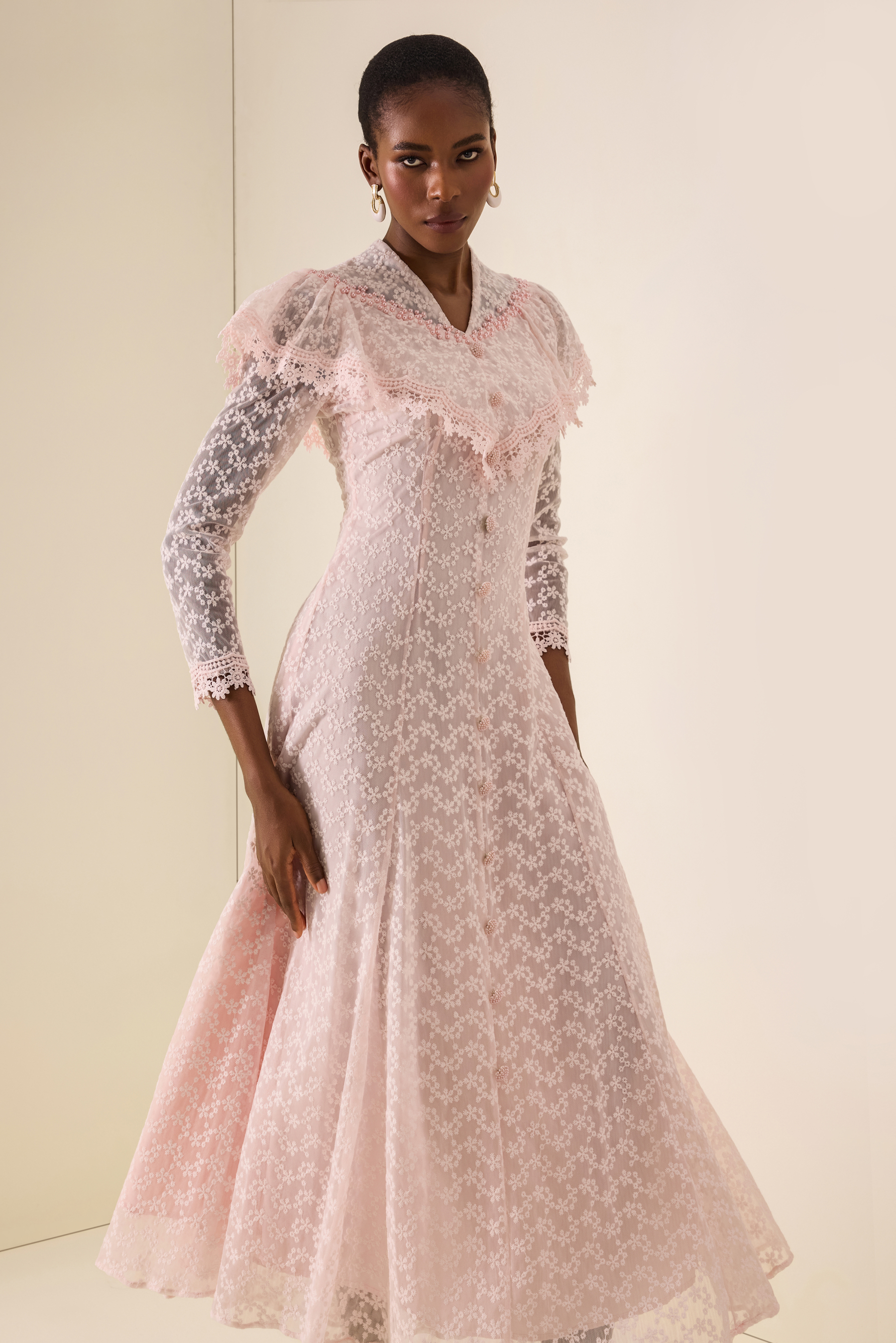 Lace Pearl Embellished V-Neck Maxi Dress With Cape