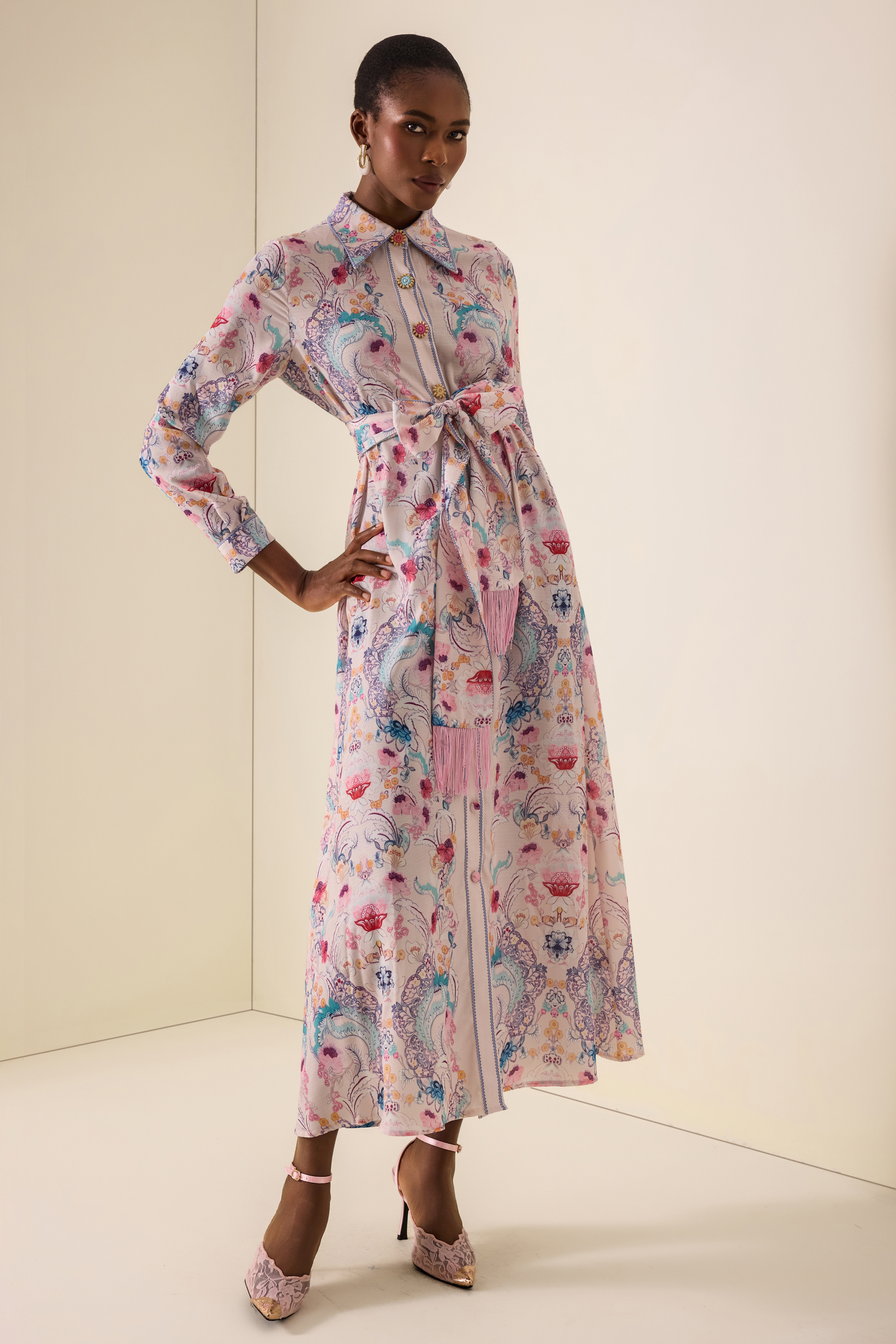 Paisley Print Tassel Button Midi Dress