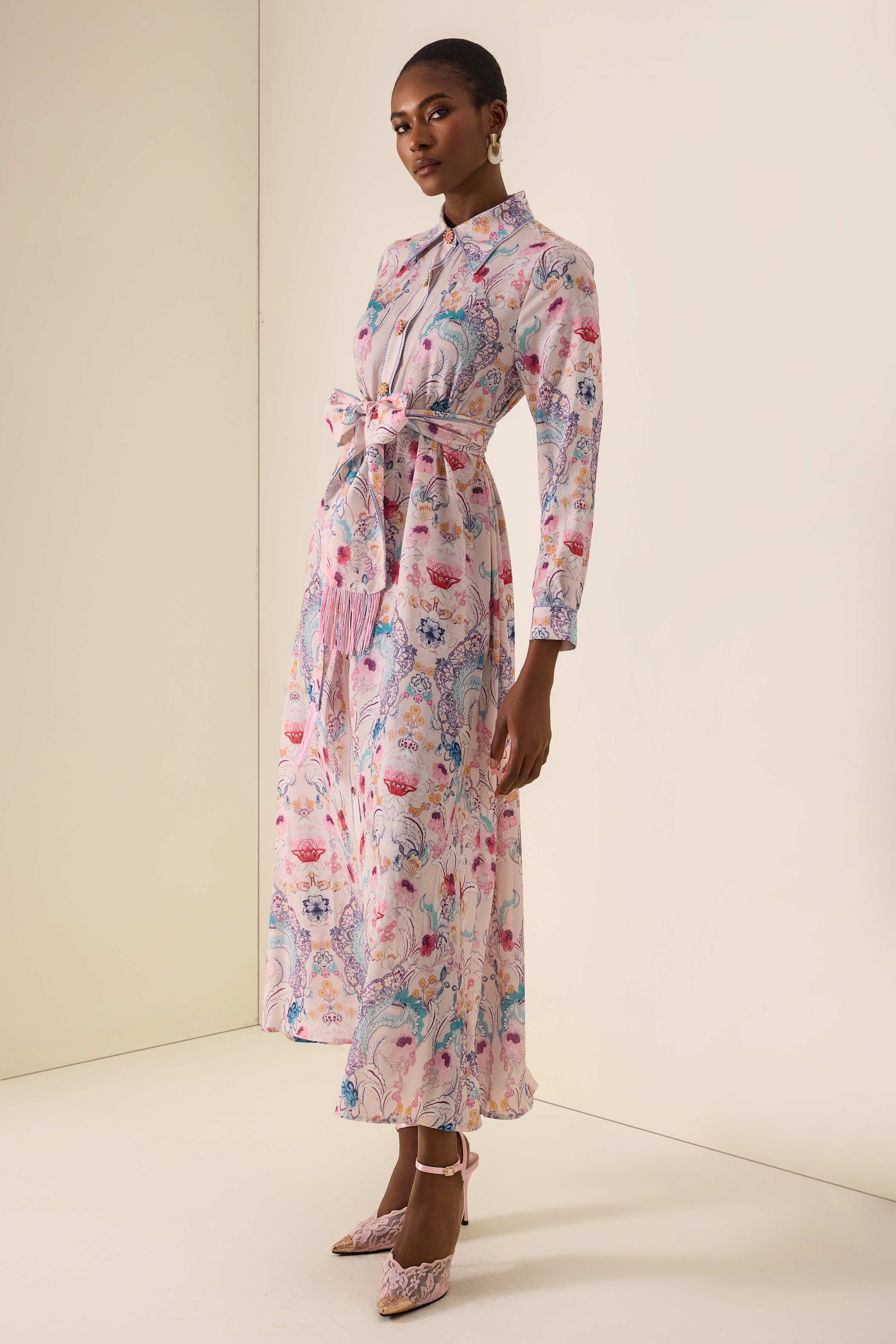 Paisley Print Tassel Button Midi Dress