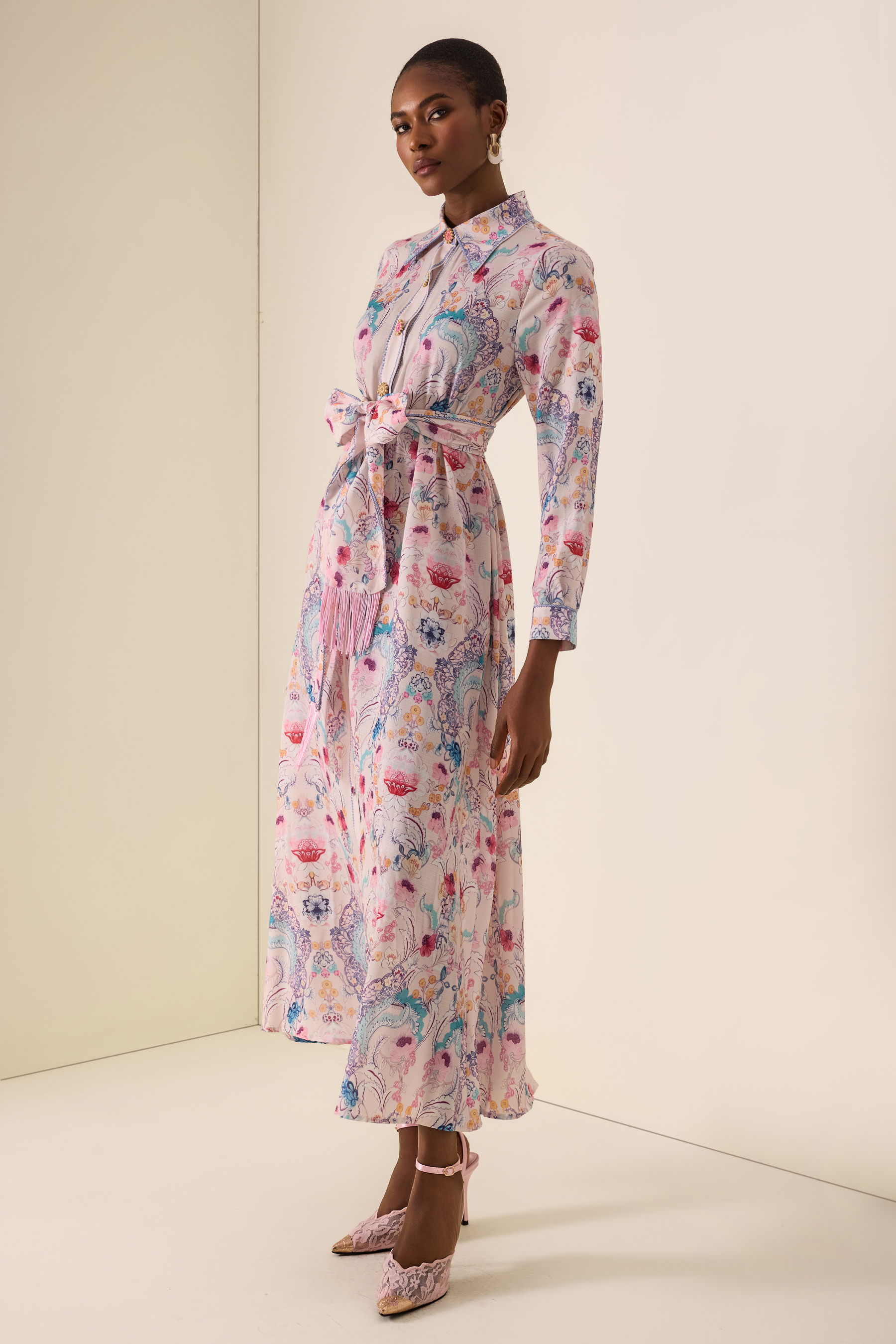 Paisley Print Tassel Button Midi Dress