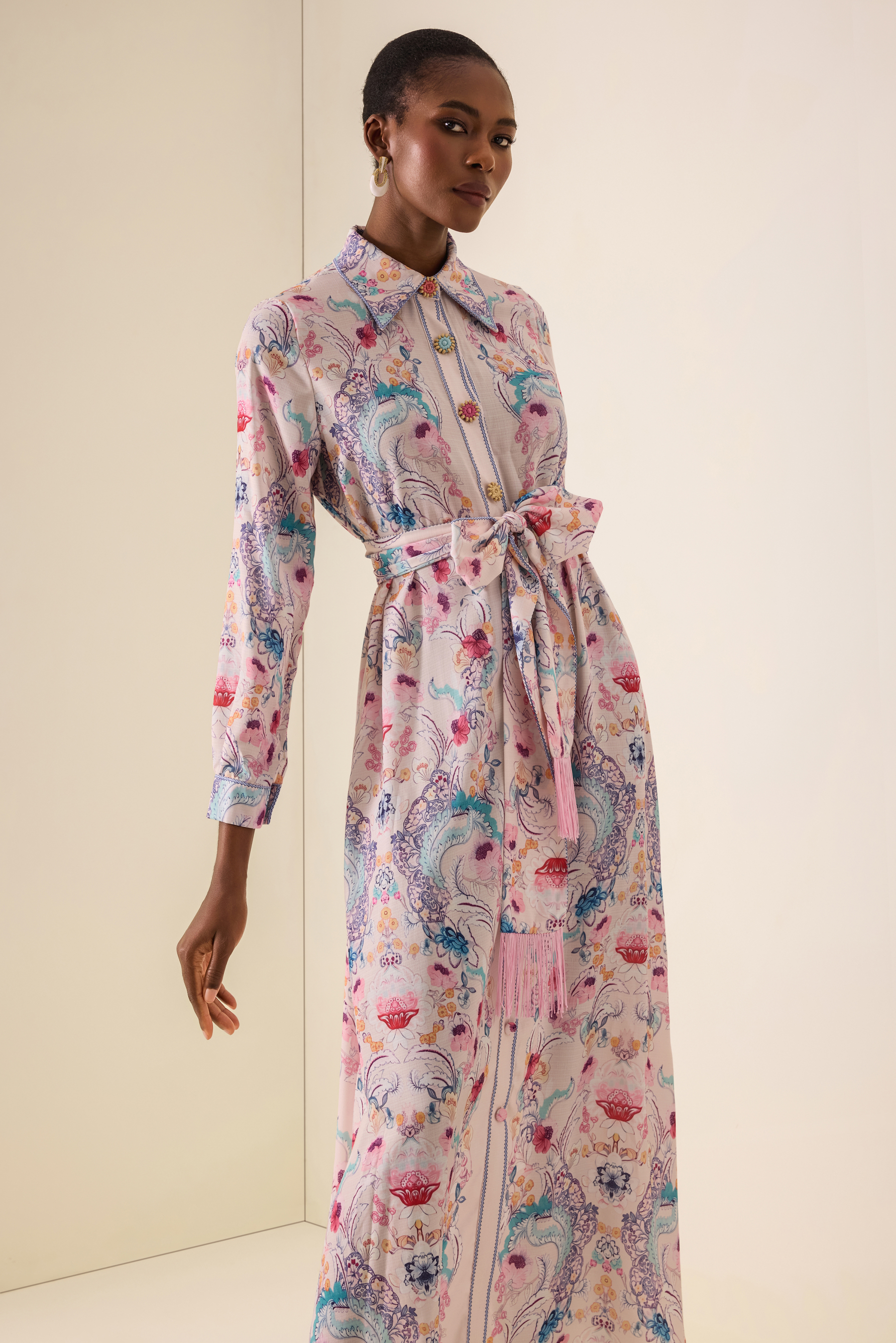 Paisley Print Tassel Button Midi Dress