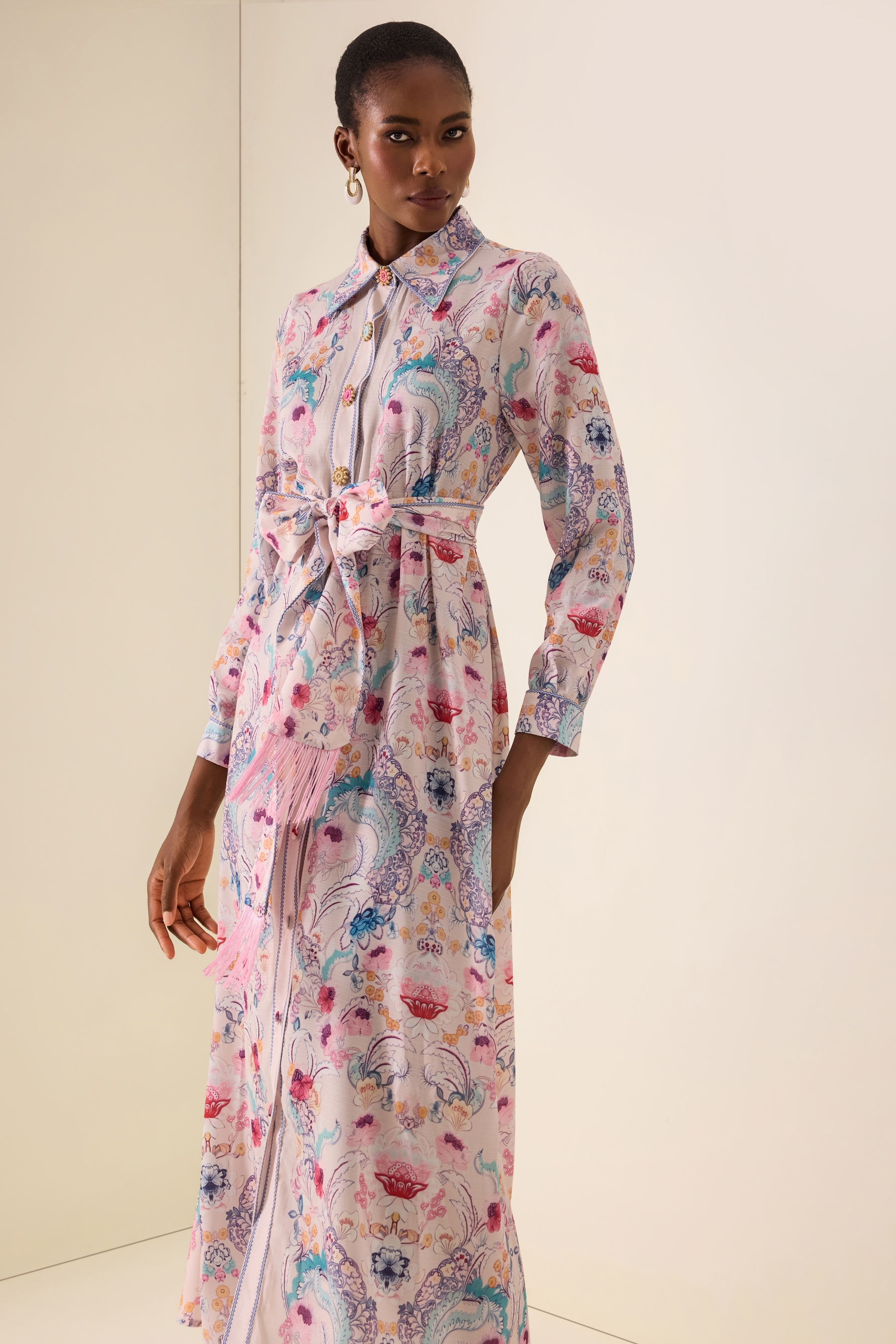 Paisley Print Tassel Button Midi Dress