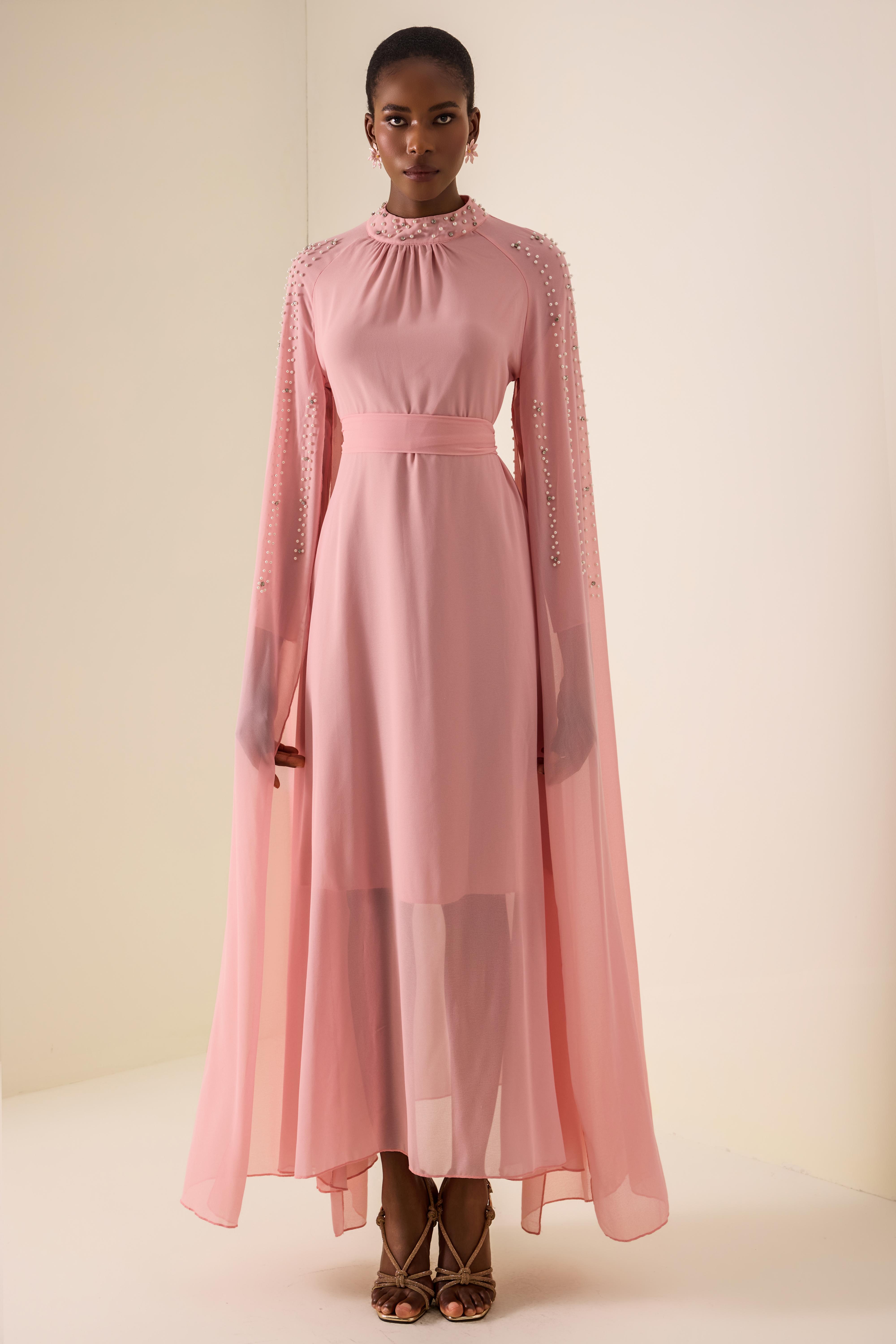Faux Pearl Cape Sleeve Midi Dress With Belt