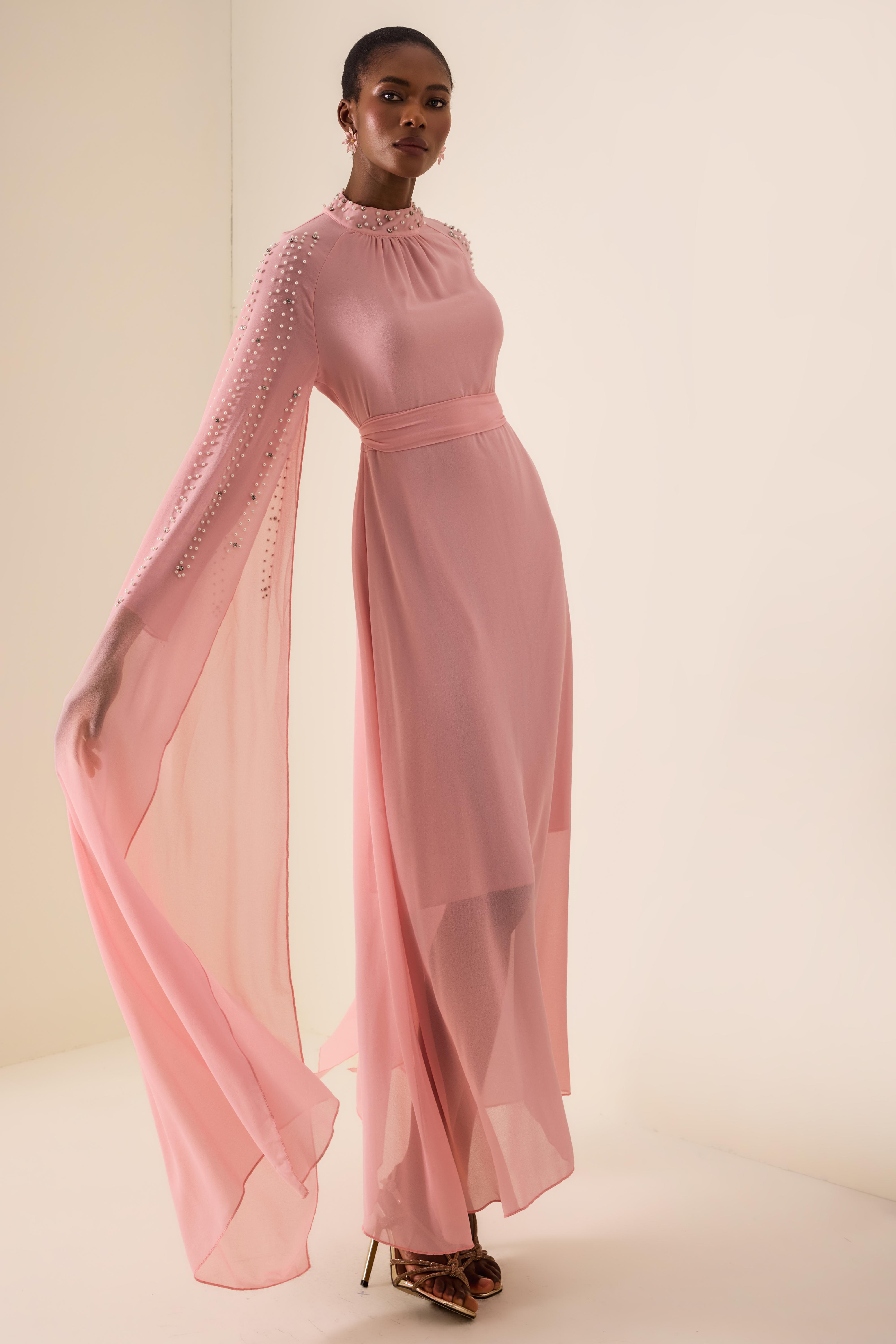 Faux Pearl Cape Sleeve Midi Dress With Belt