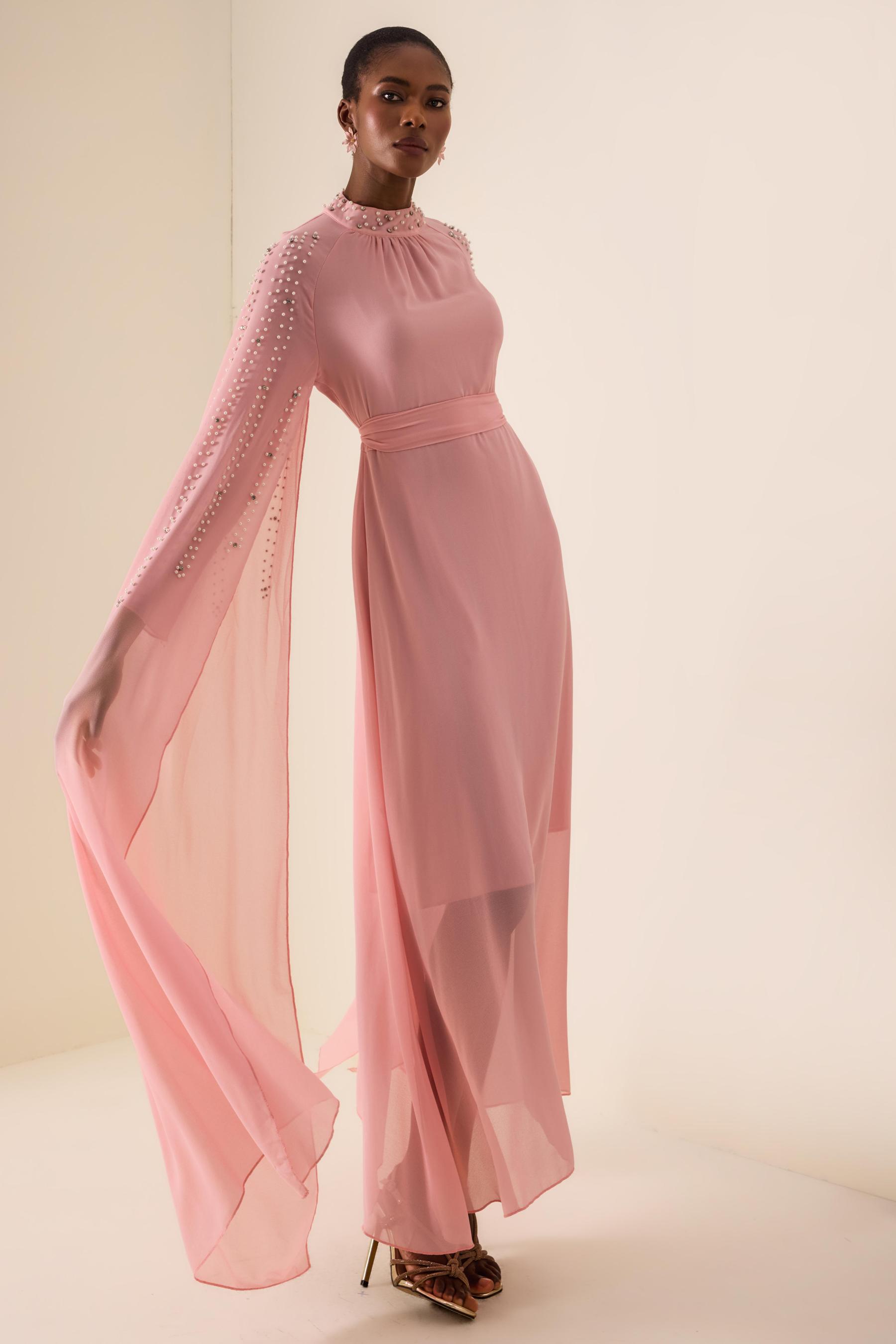 Faux Pearl Cape Sleeve Midi Dress With Belt