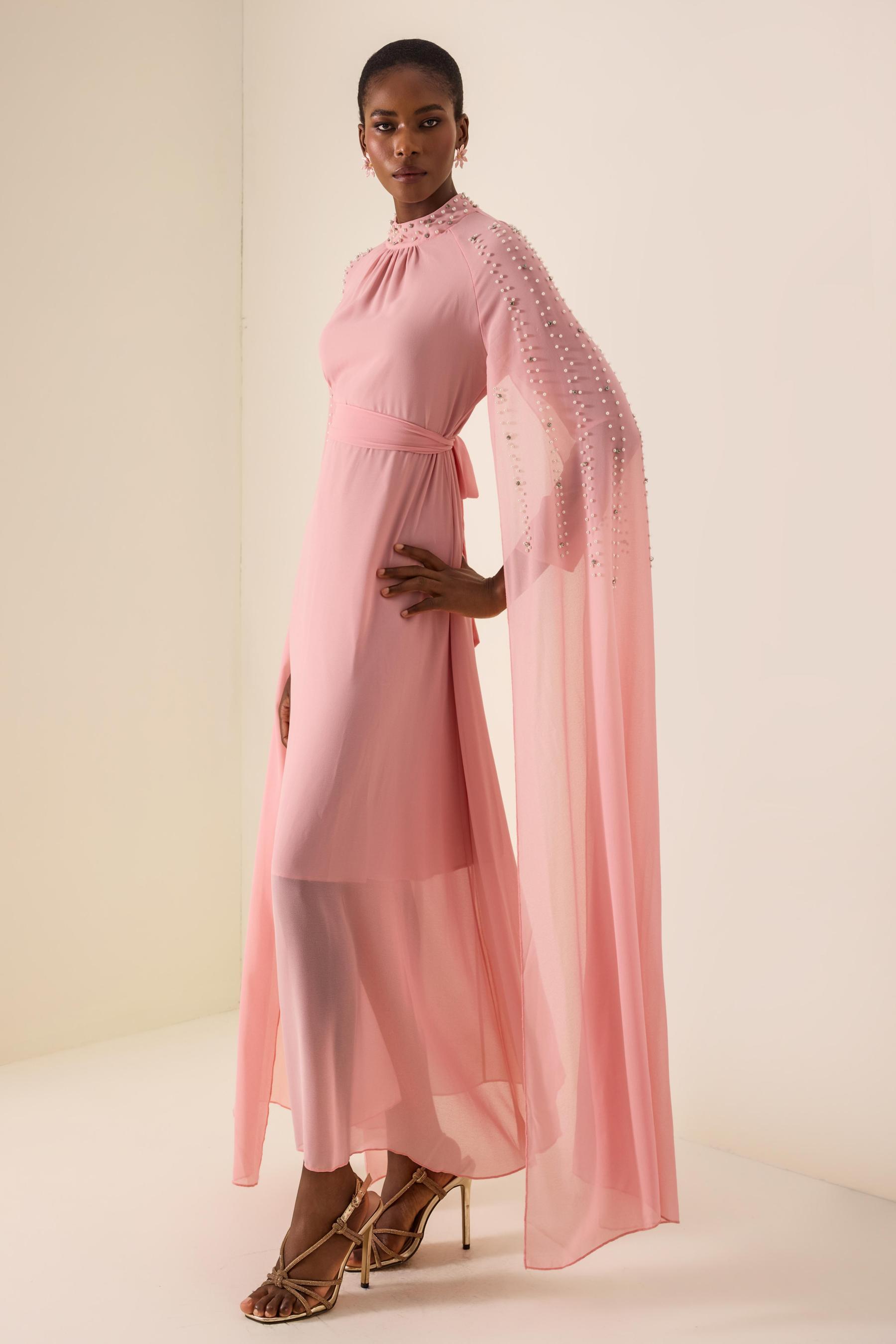 Faux Pearl Cape Sleeve Midi Dress With Belt
