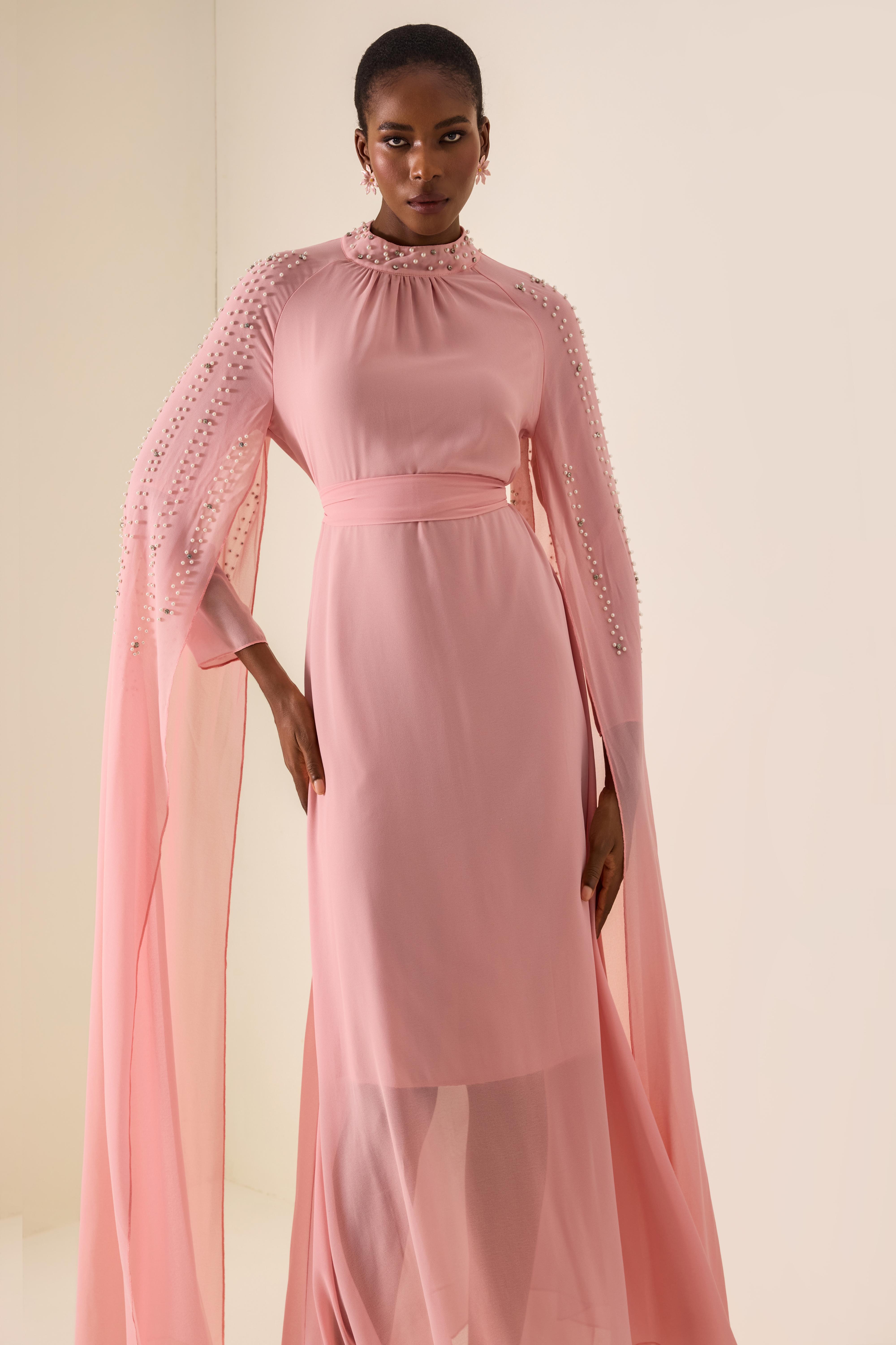 Faux Pearl Cape Sleeve Midi Dress With Belt