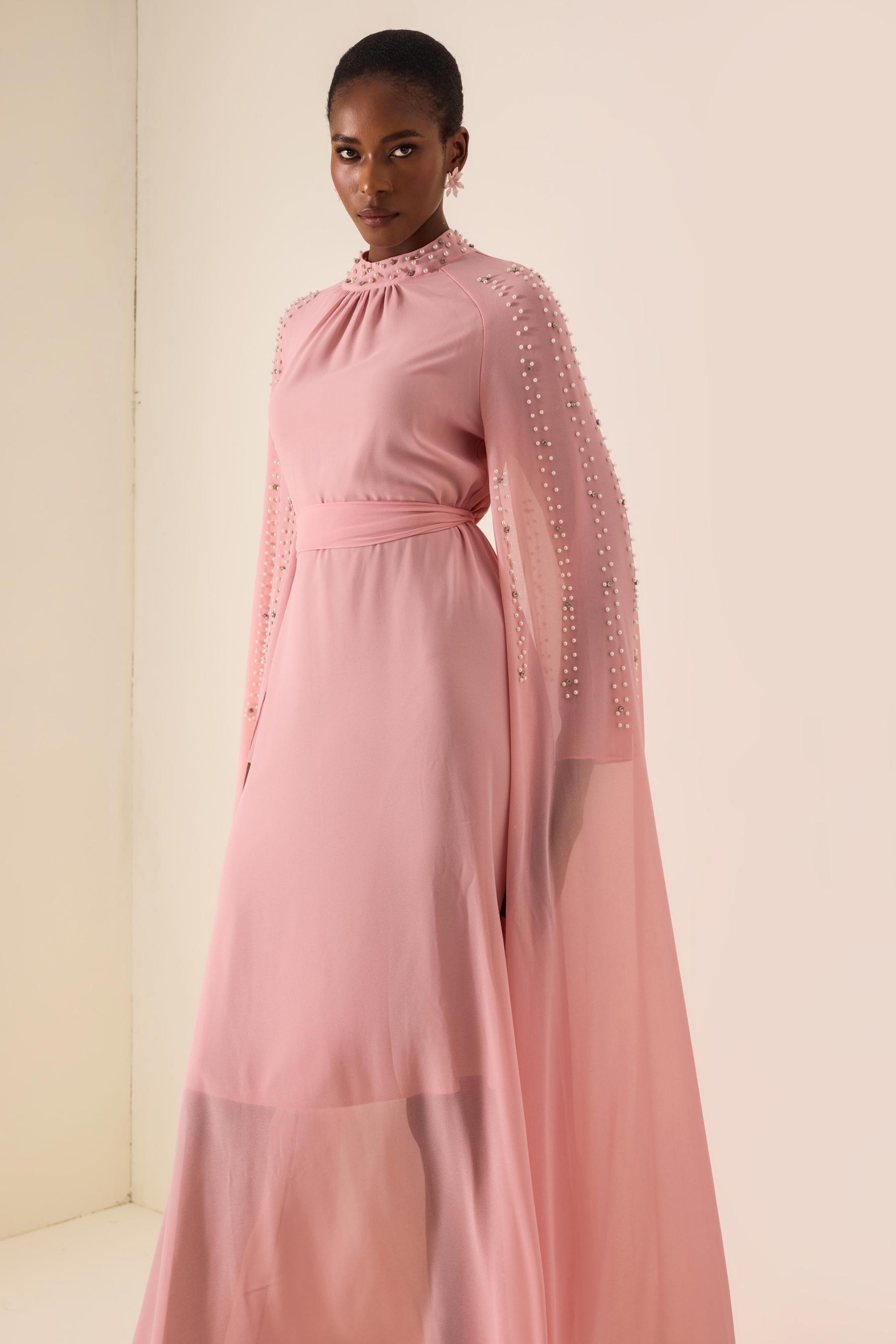 Faux Pearl Cape Sleeve Midi Dress With Belt