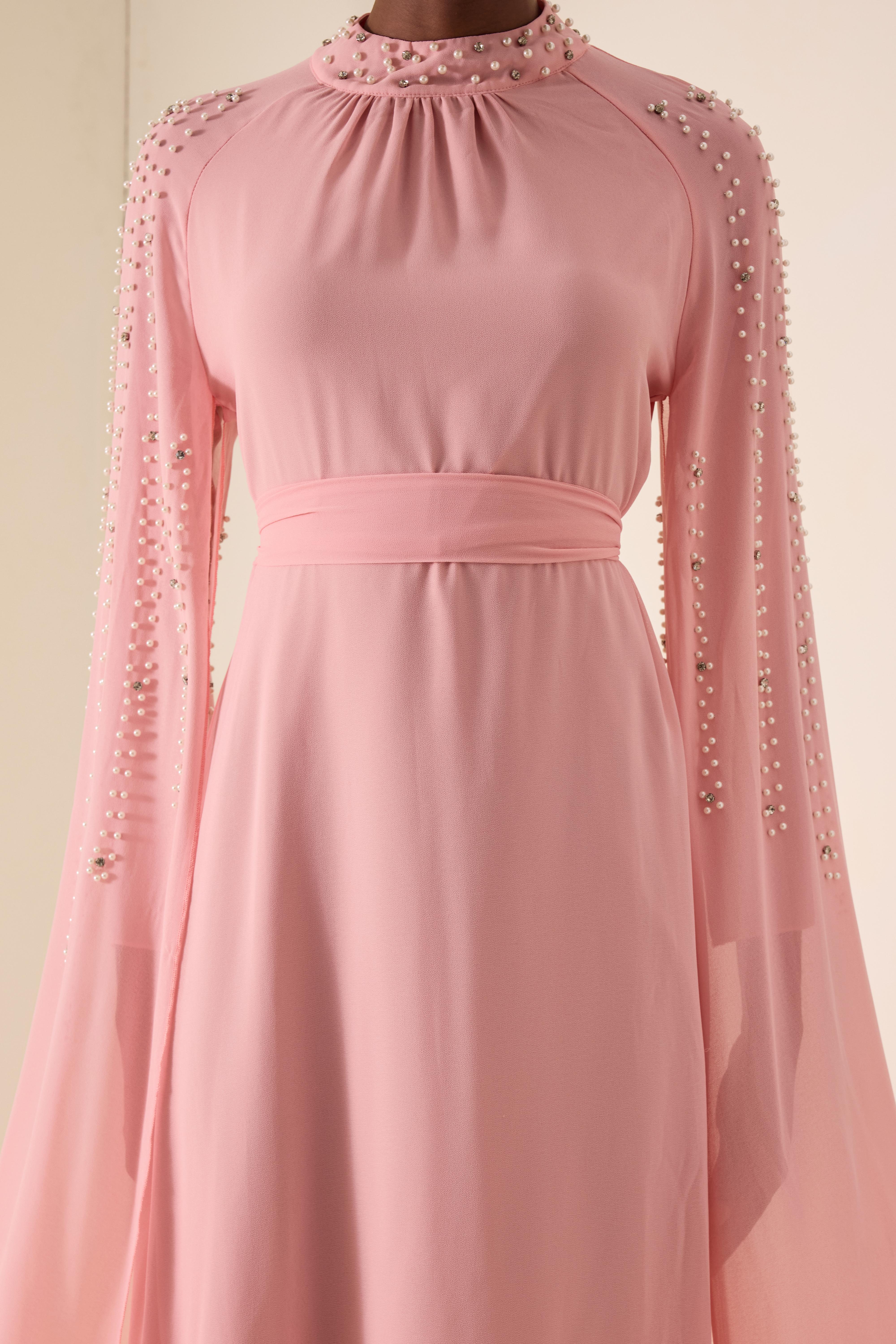 Faux Pearl Cape Sleeve Midi Dress With Belt
