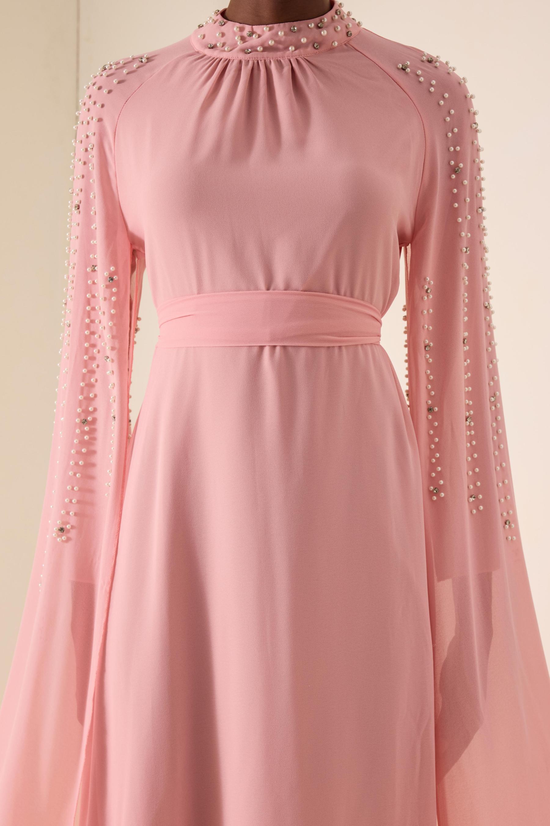 Faux Pearl Cape Sleeve Midi Dress With Belt