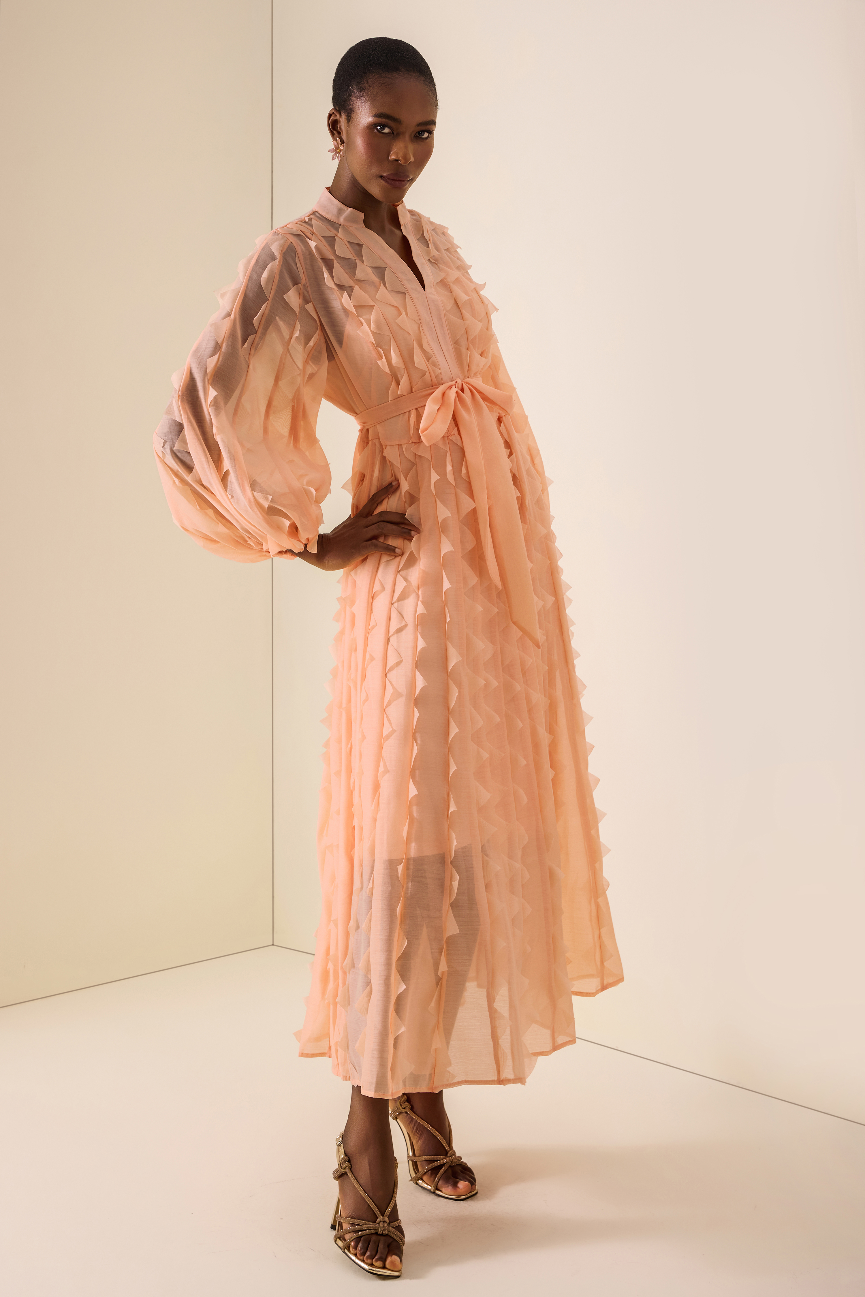 Frill V-Neck Long Sleeve Midi Dress