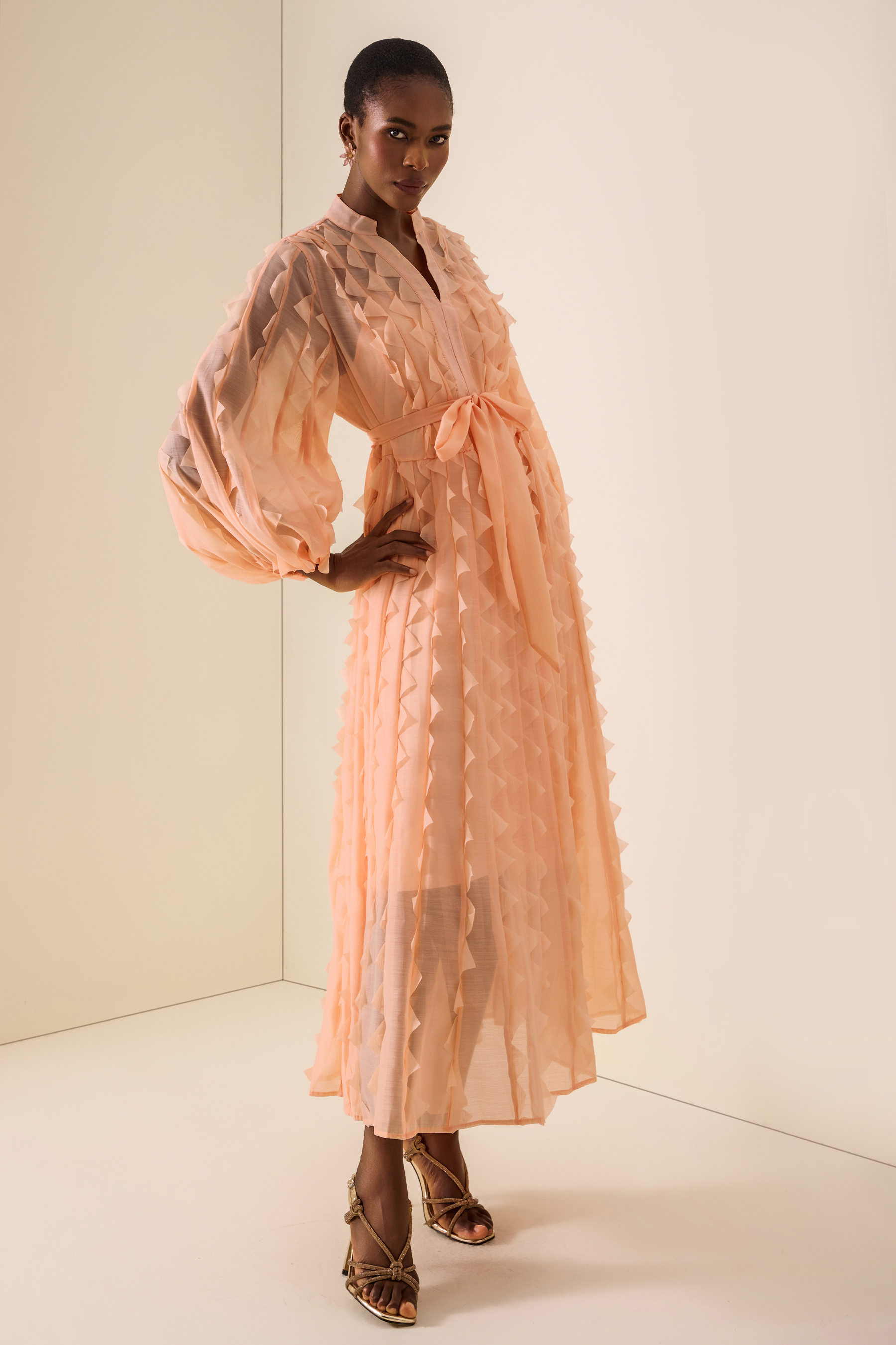 Frill V-Neck Long Sleeve Midi Dress