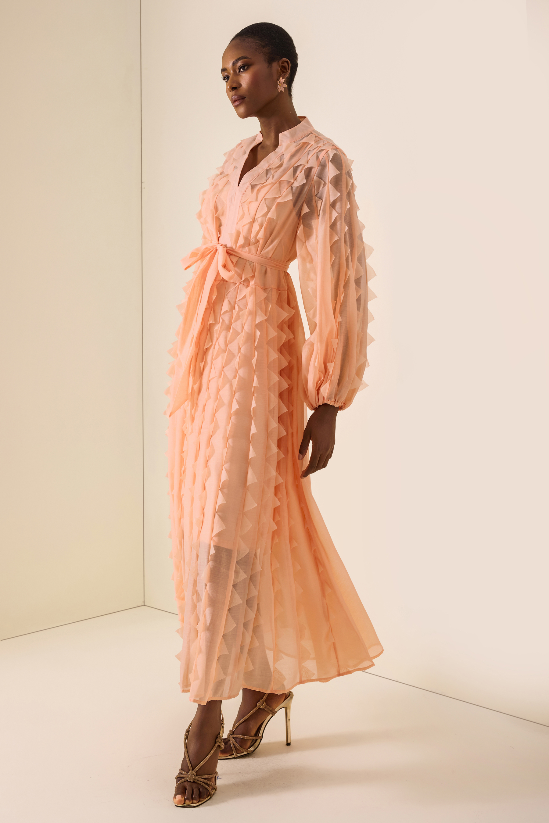 Frill V-Neck Long Sleeve Midi Dress