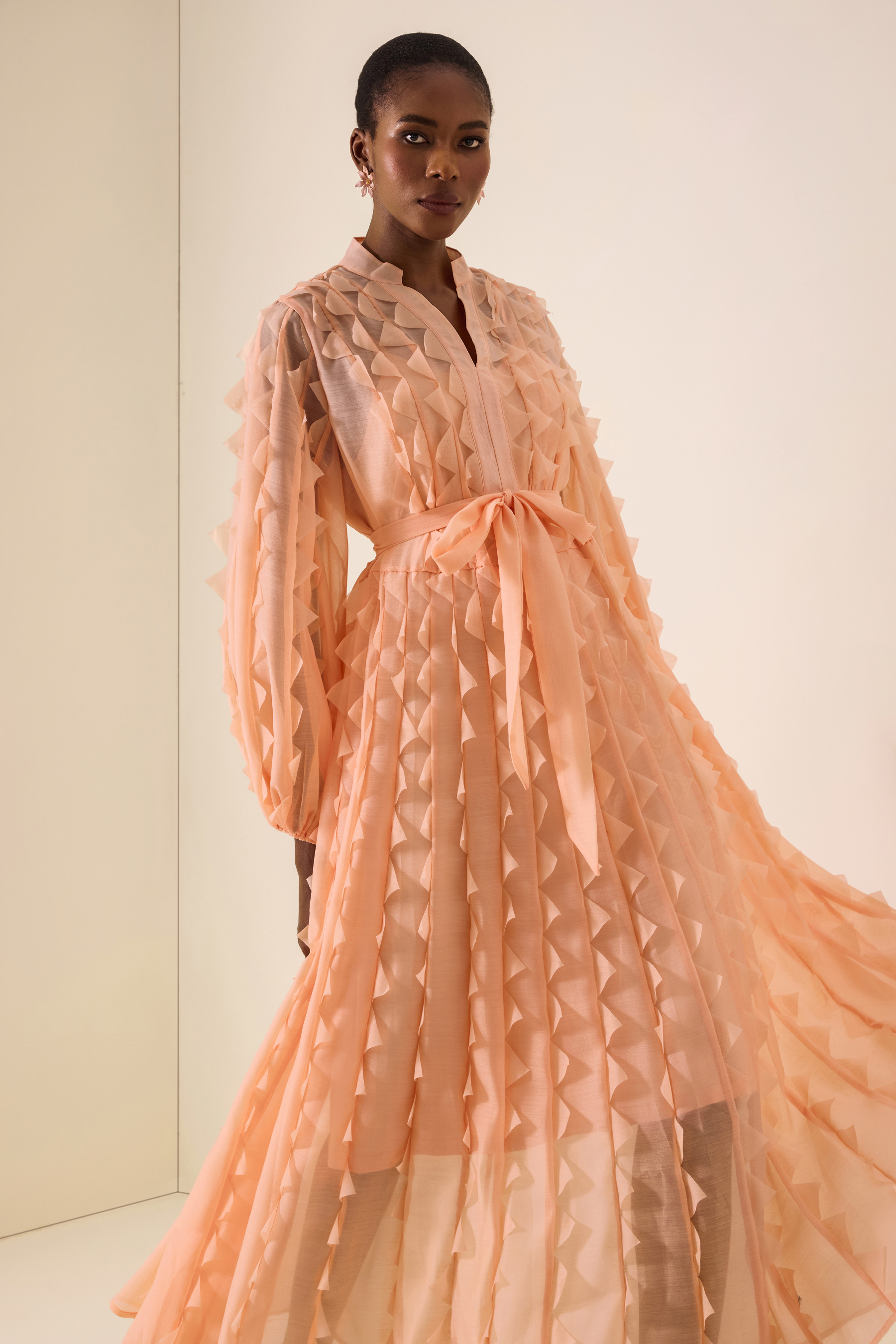 Frill V-Neck Long Sleeve Midi Dress