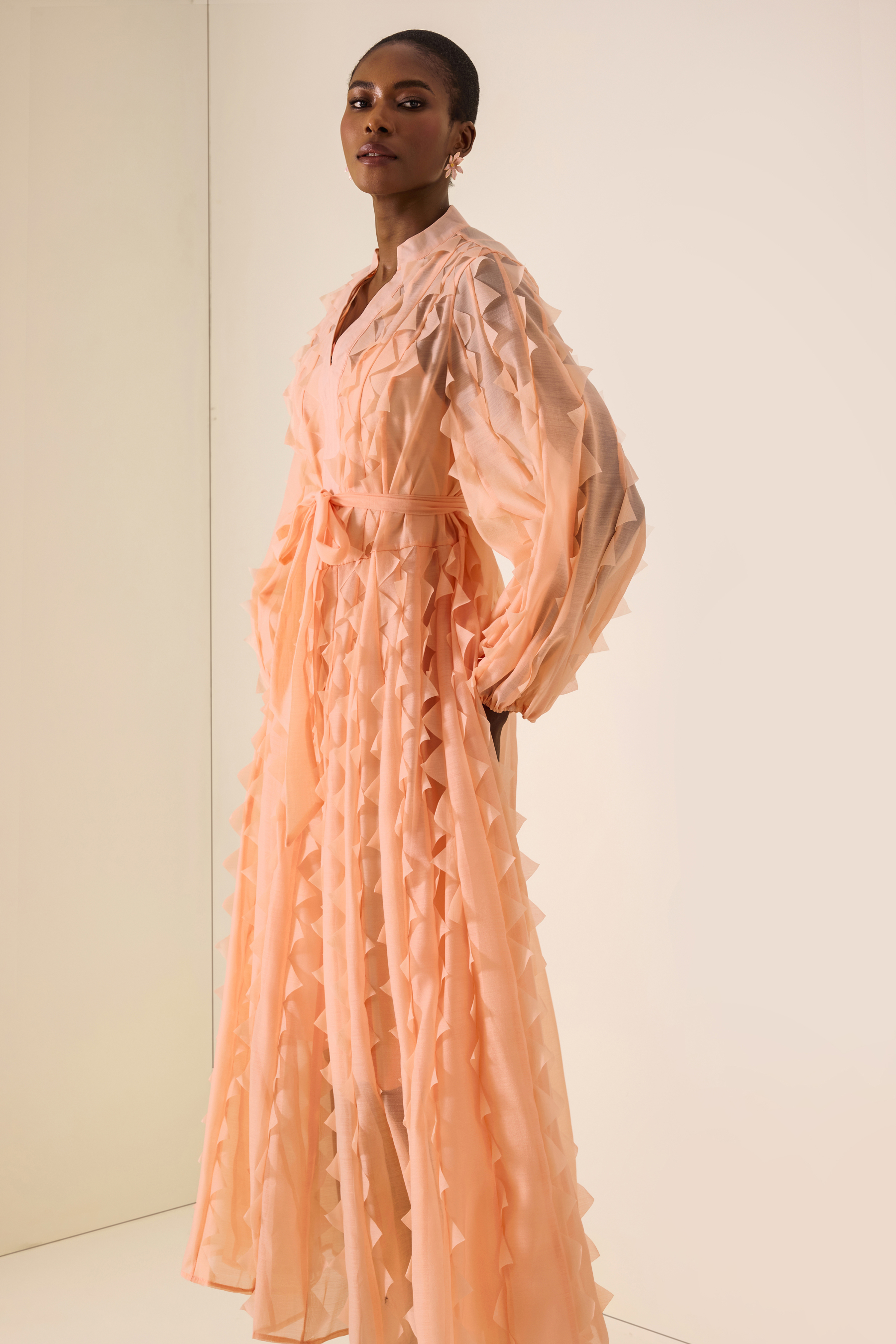 Frill V-Neck Long Sleeve Midi Dress