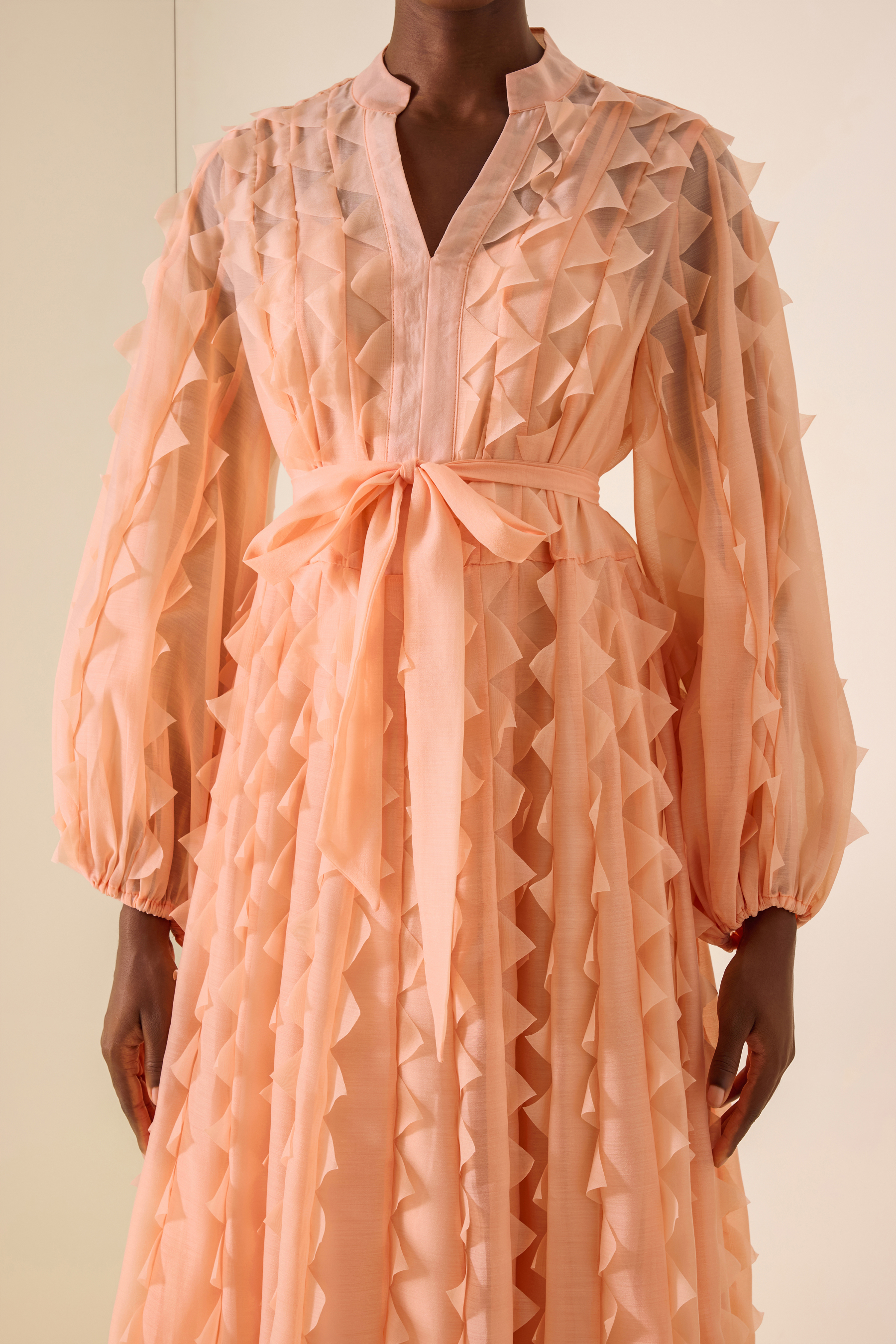 Frill V-Neck Long Sleeve Midi Dress