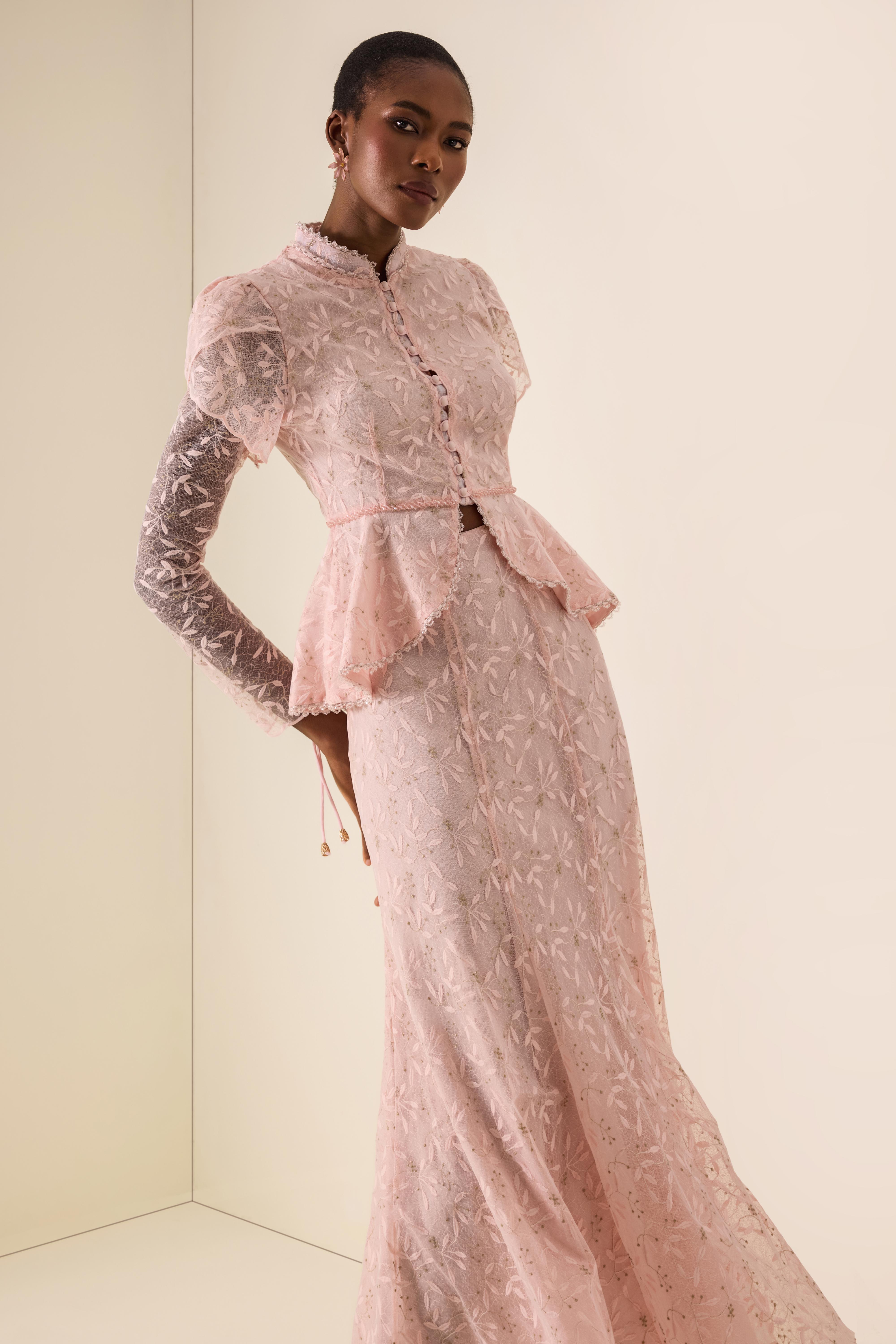 Stand Collar Puff Sleeve Top & Low Waist Midi Skirt Set