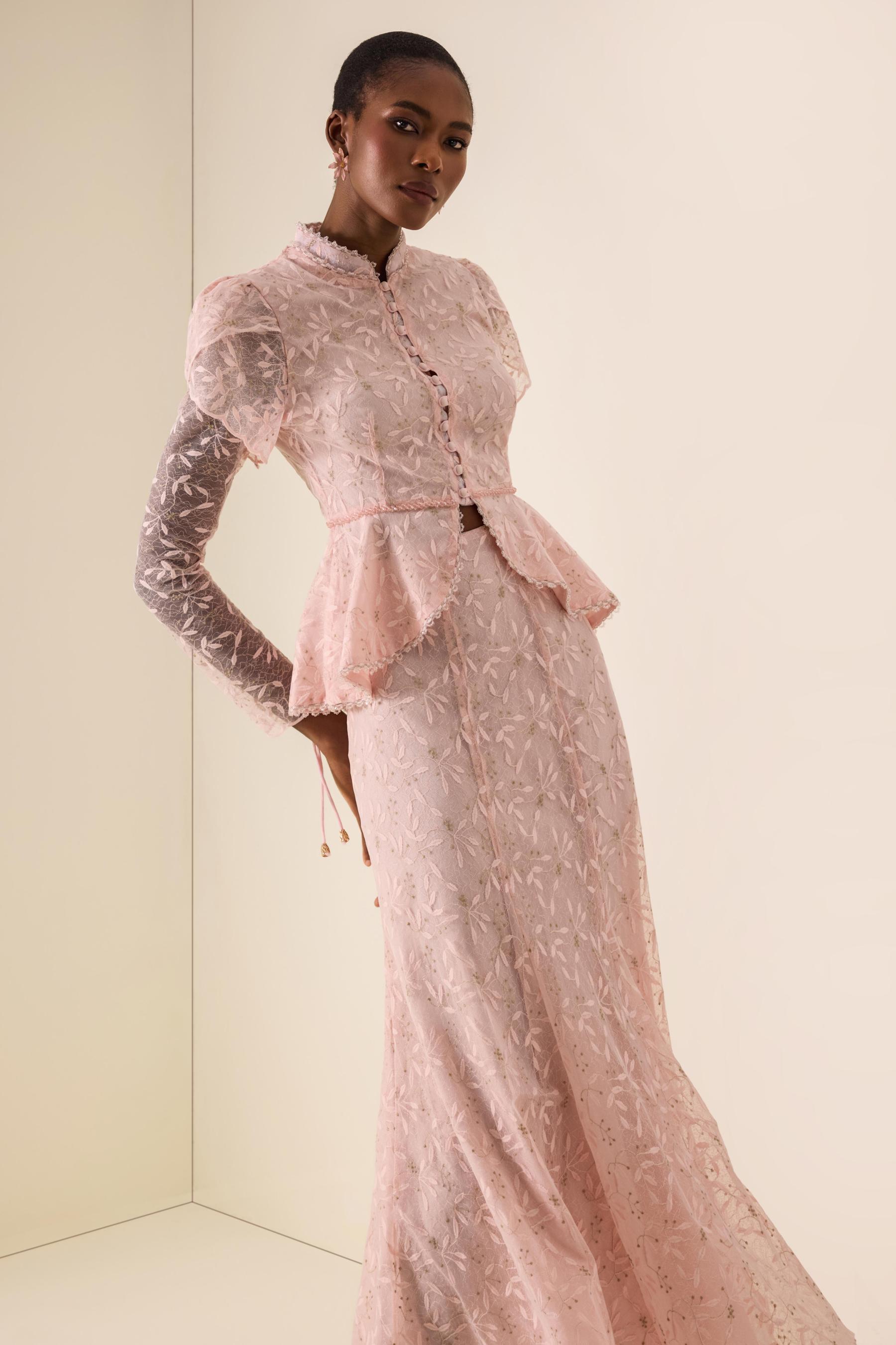 Stand Collar Puff Sleeve Top & Low Waist Midi Skirt Set
