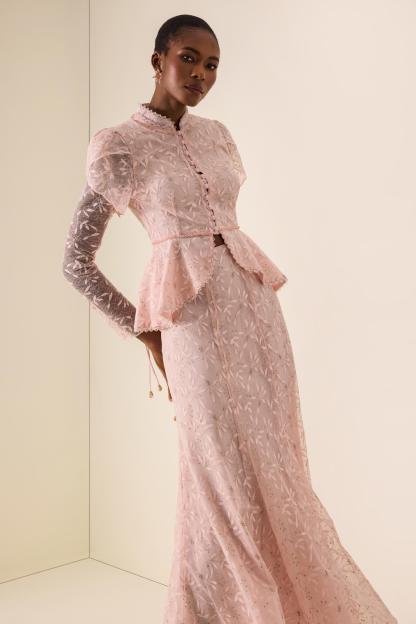 Stand Collar Puff Sleeve Top & Low Waist Midi Skirt Set