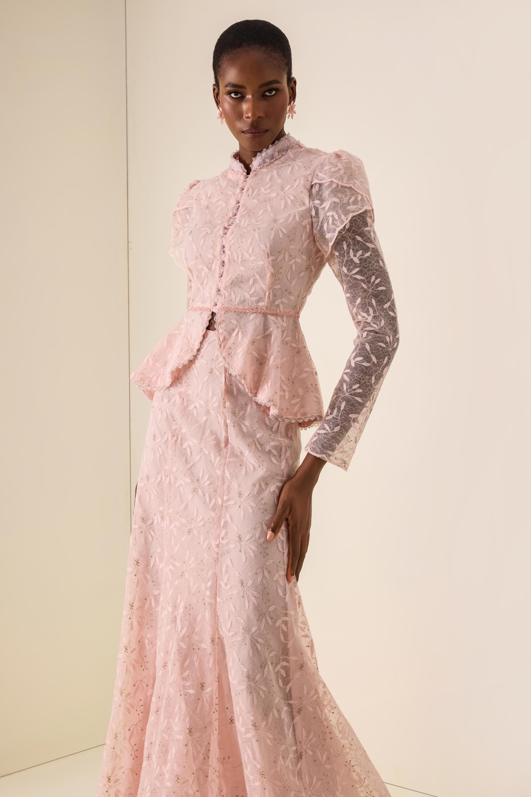 Stand Collar Puff Sleeve Top & Low Waist Midi Skirt Set