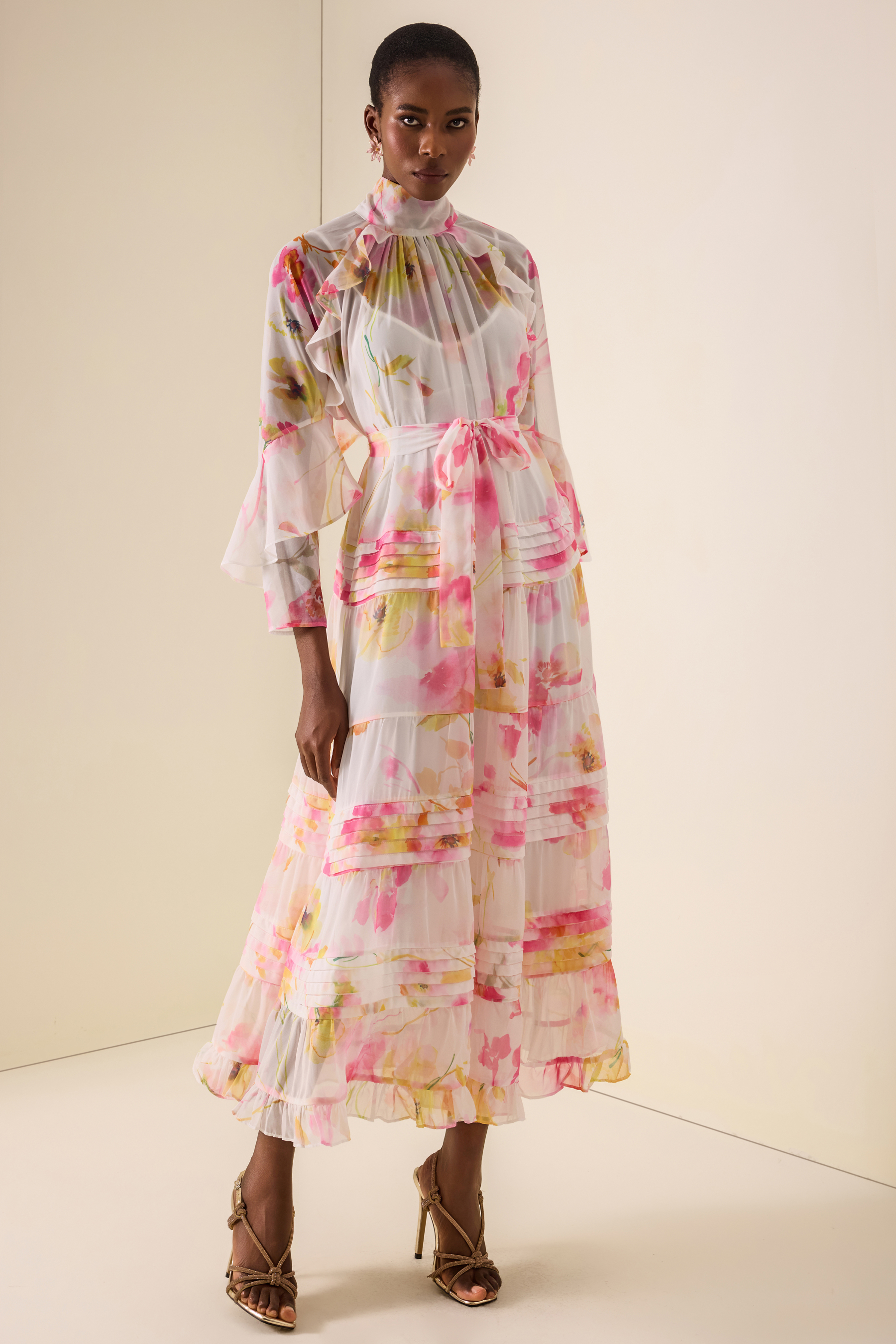 Floral Pleated Frill Midi Dress
