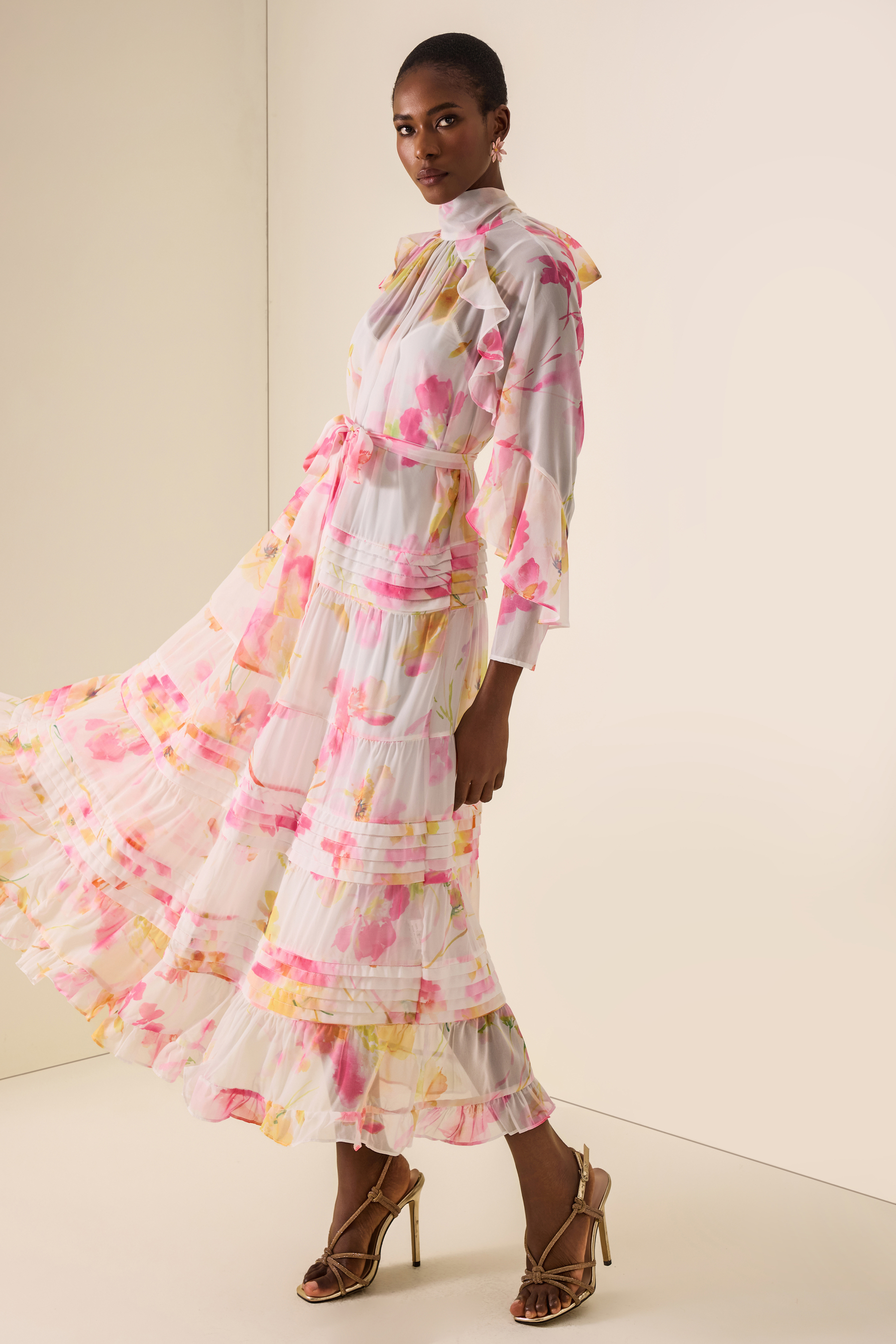 Floral Pleated Frill Midi Dress