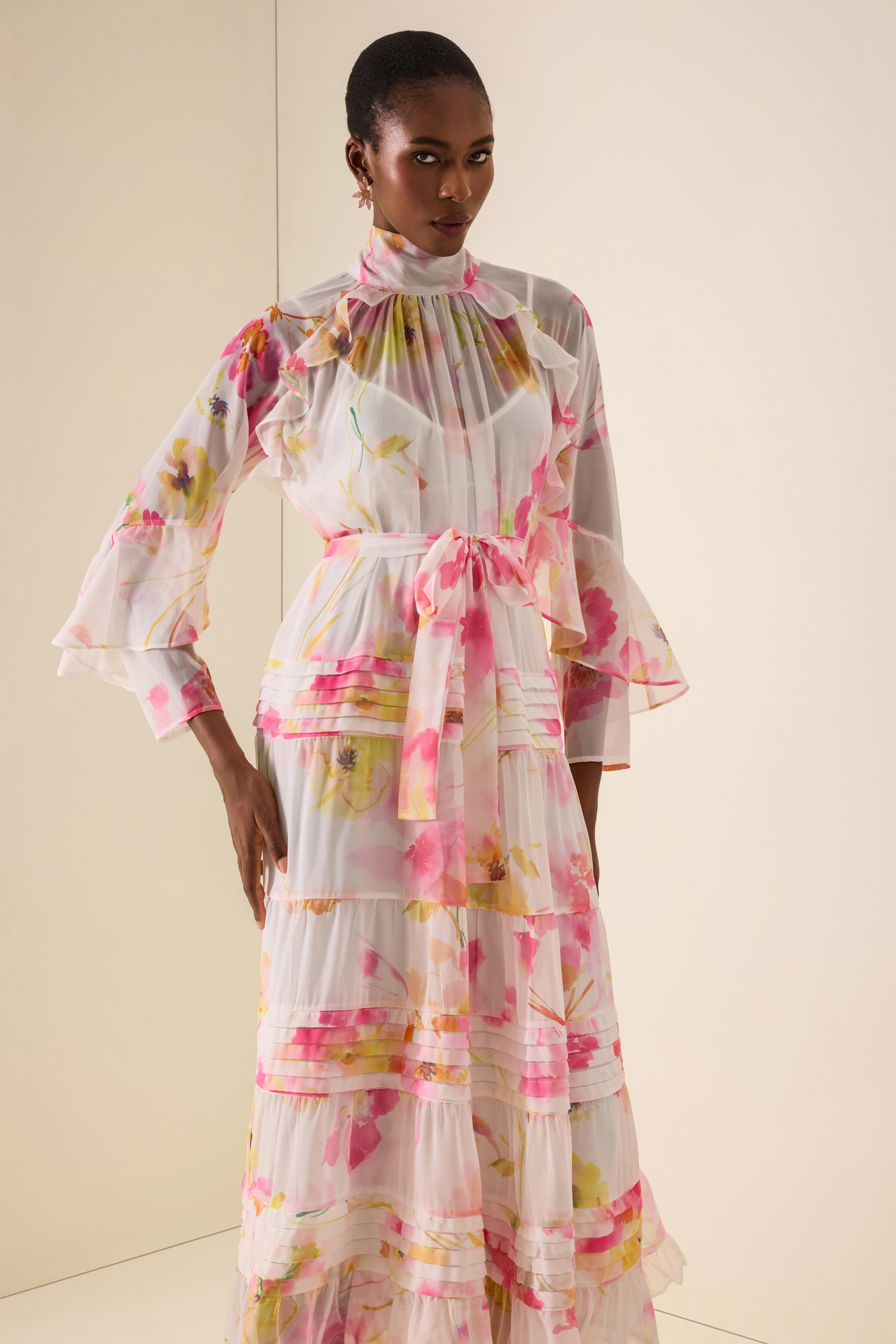 Floral Pleated Frill Midi Dress